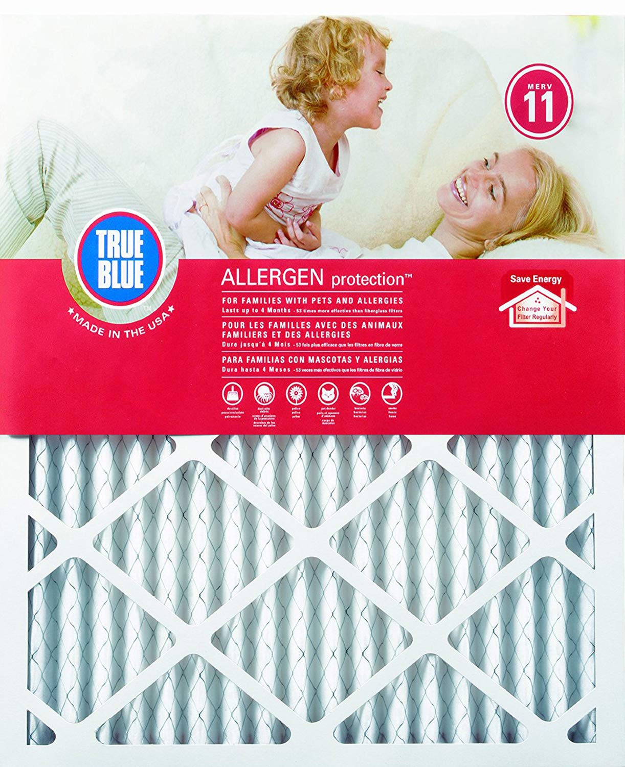 True Blue 15x20x1 MERV 11 Allergen Air Filter (4-Pack) | Electrostatic Pleated HVAC AC Furnace Air Filter | Replacement Filter for Home Use | Made in USA