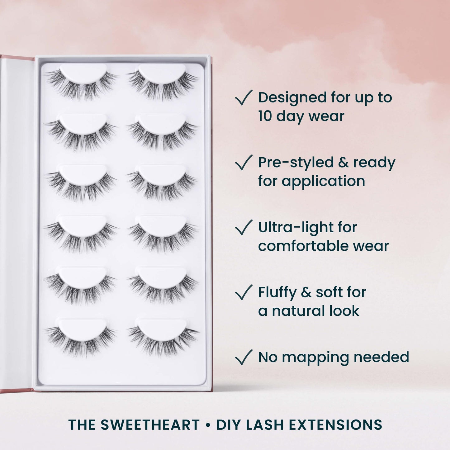 Sweetheart Doll-Eyed Lash Clusters for Women, Salon Quality At Home Eyelashes Extension Kit, 6 Lash Sets, No Lash Glue Included