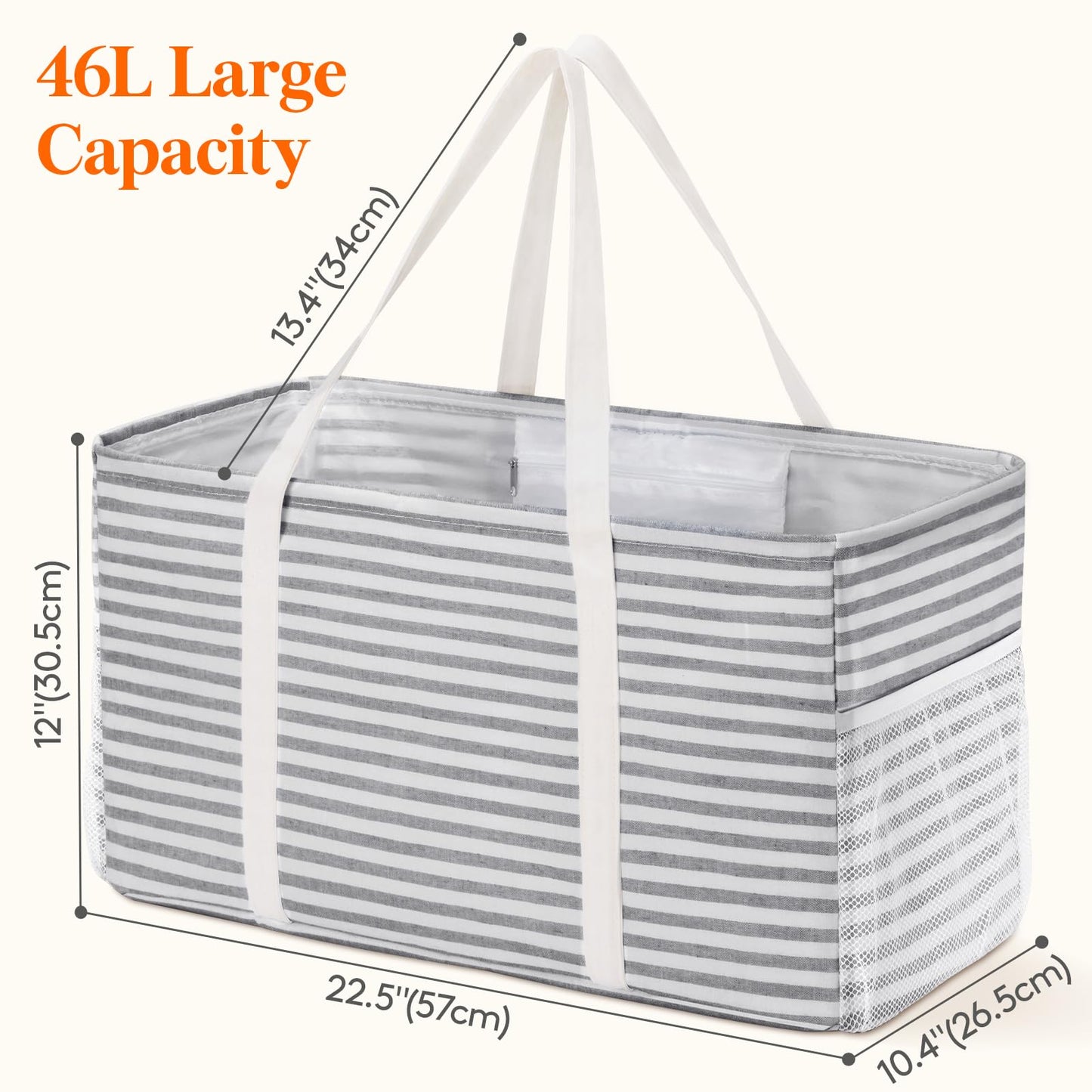 Lifewit Extra Large Tote Bag, Reusable Grocery Bags with Metal Wire Frame and Handles, Standing Utility Foldable Shopping Bags for Storage, Picnics, Beach, Laundry, Car, 46L, 2 Pack, Gray