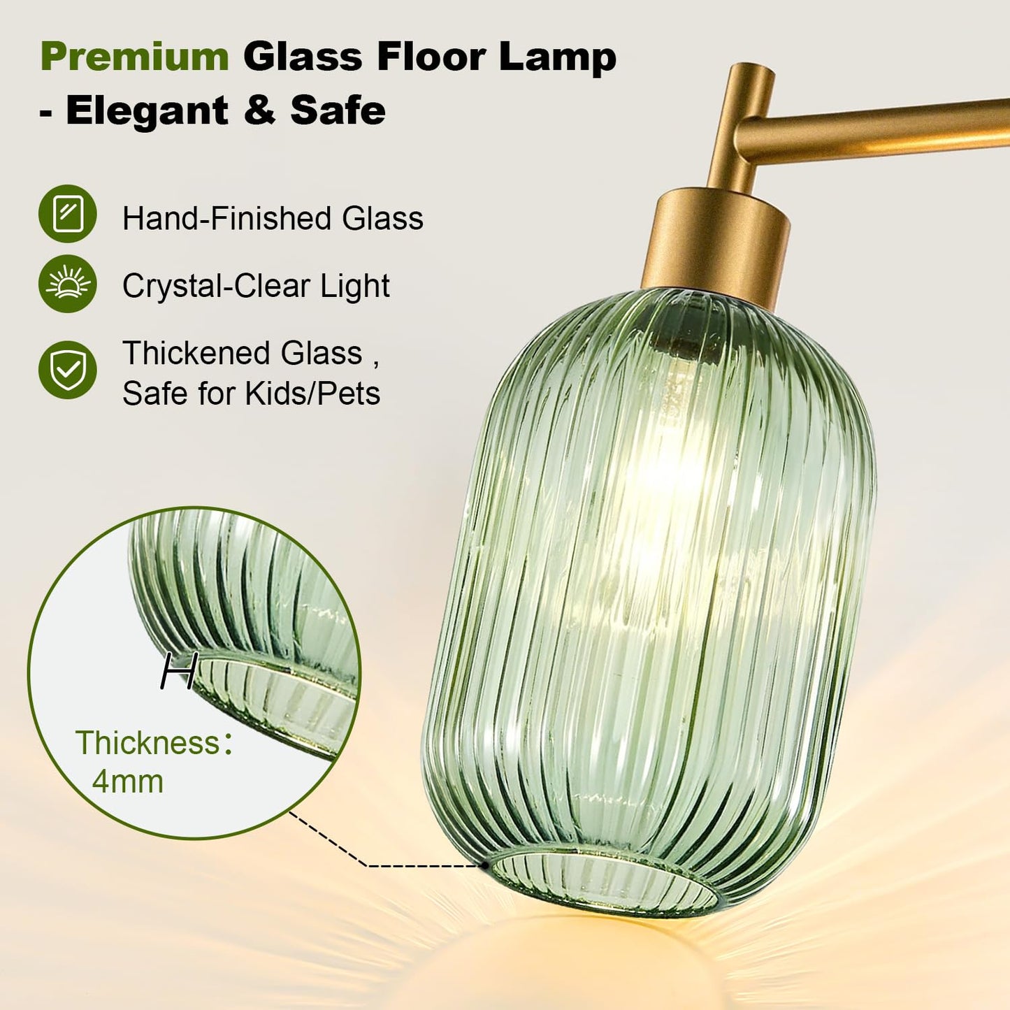 【Upgraded】 Dimmable Glass Floor Lamp for Living Room, Modern Gold Standing Lamp with Green Ribbed Glass Lampshade & Knob Dimmer, Arc Tall Lamp for Bedroom Office Reading Room, 2700K Led Bulb Included
