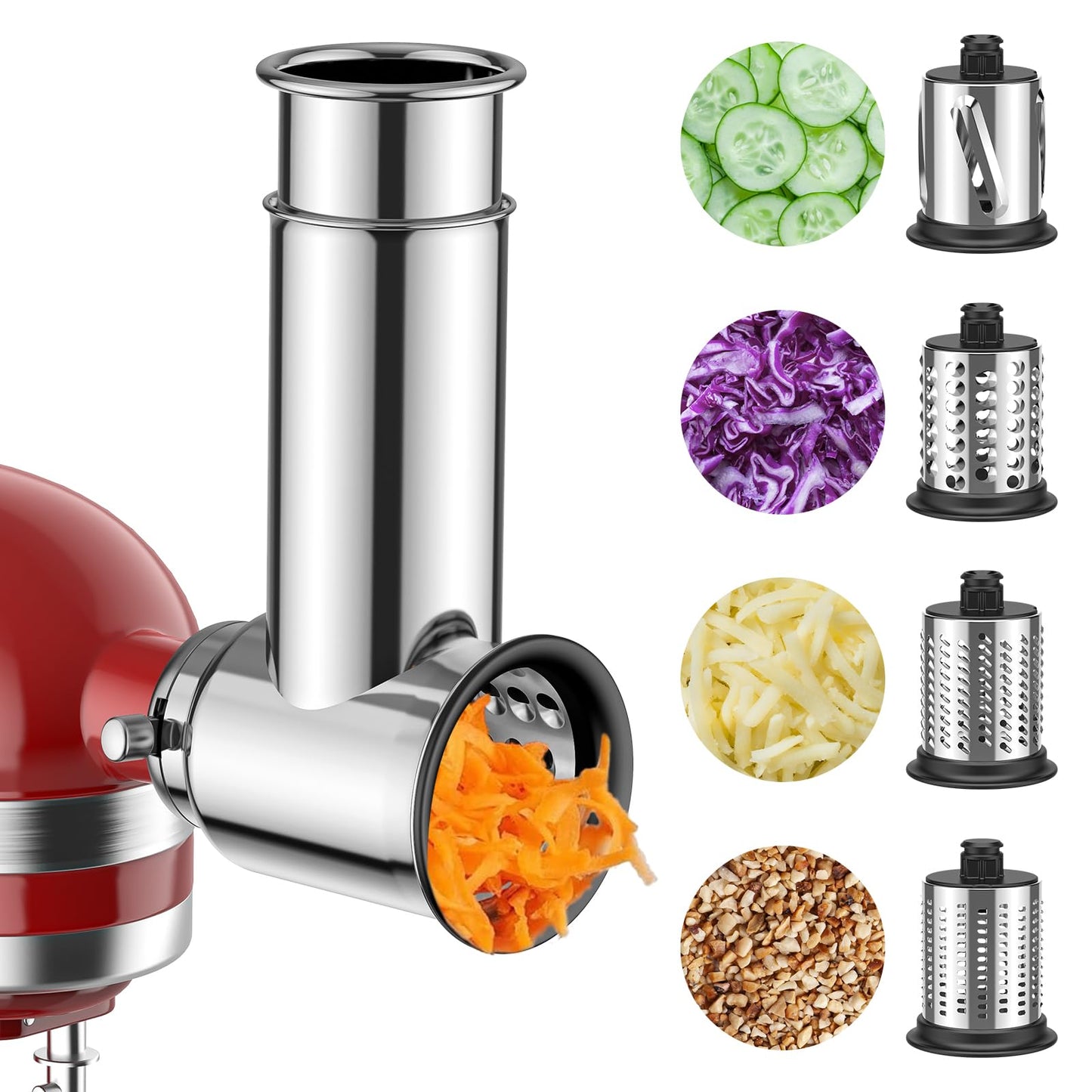 Stainless Steel Slicer Shredder Attachment for Kitchenaid Stnad Mixer, Cheese Grater Attachment for KitchenAid - 4 Blades Salad Maker with Grinding Powder Function by FGREEBLE