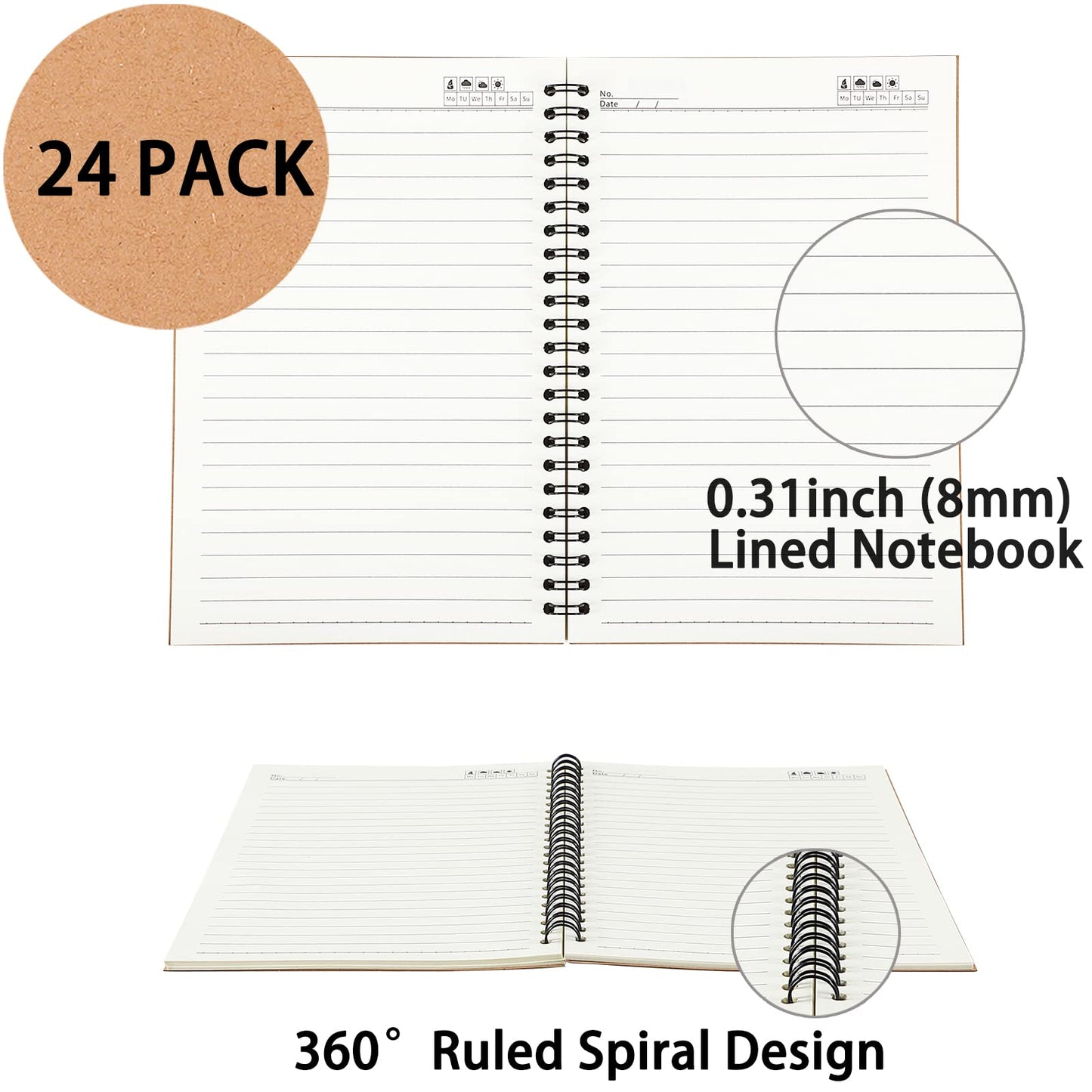 YOTNUS 24 Pack A5 Spiral Notebooks Journal with Kraft Cover, 5x8 Inches, Ruled Lined Paper, for Work, Sketches, Study, Notes Taking, Gifts, Brown (24 PCS(Lined))