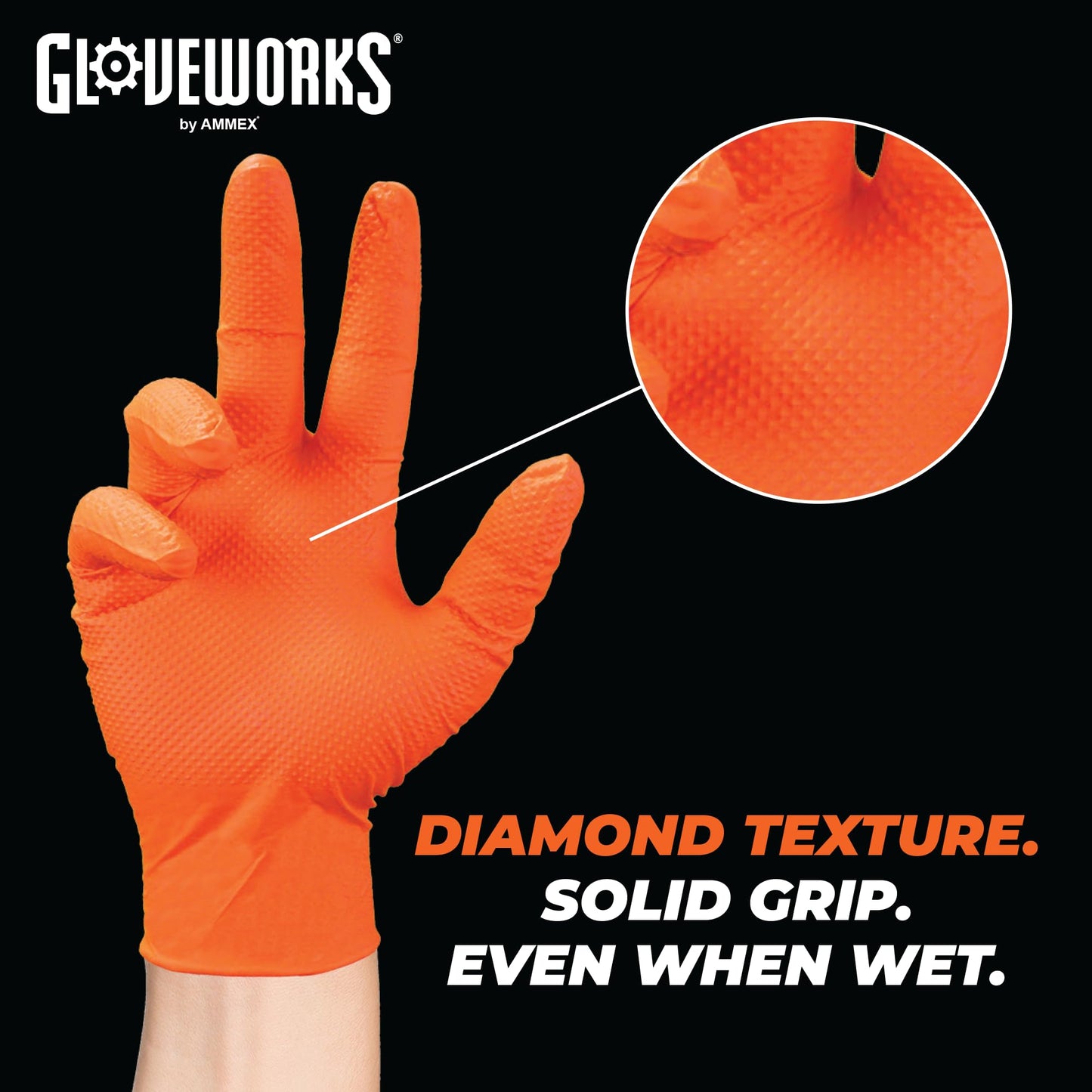 GLOVEWORKS Orange Nitrile Gloves 8 Mil Disposable Heavy Duty Raised Diamond Texture Latex Free Mechanic, Large 2 Boxes of 100