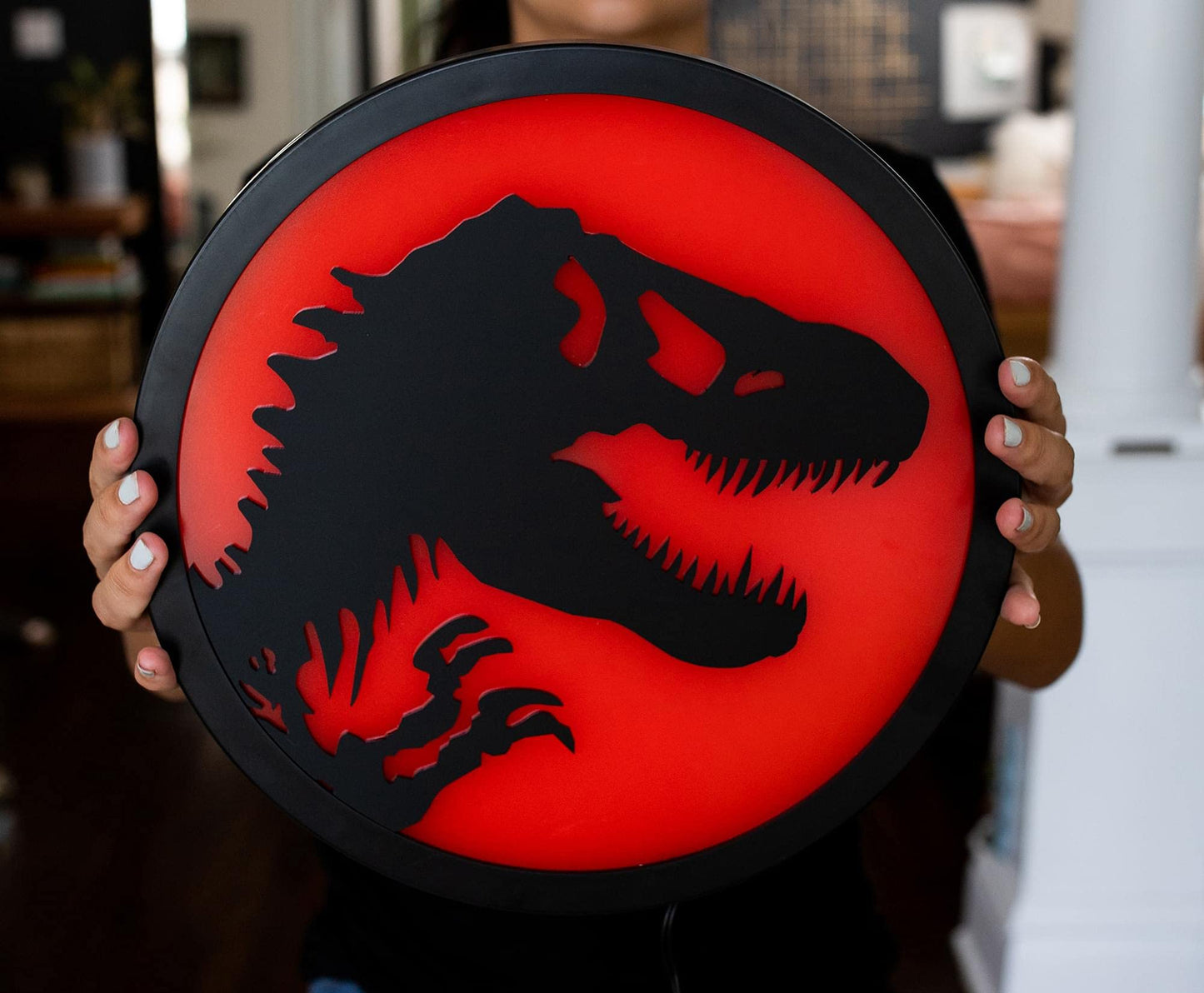 Ukonic Jurassic Park T-Rex Logo LED Wall Light Sign | Ready to Hang Wall Decor Artwork, Trendy Living Room Essentials, Home Decor Accent | Dinosaur Toys, Gifts and Collectibles | 12 Inches Tall