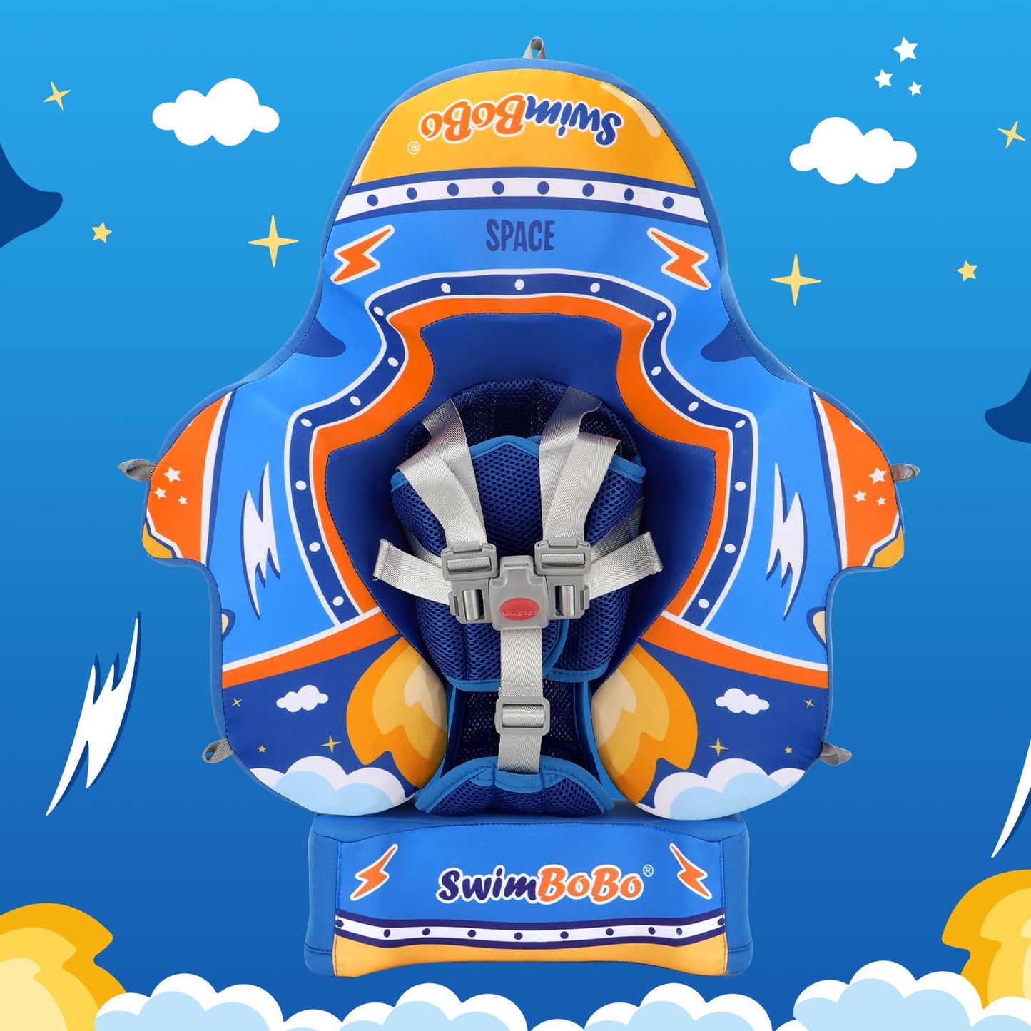 Swimbobo Baby Floats for Pool with Canopy Non Inflatable Soft Skin-Friendly Fabric Material Infant Swim Float for Boys and Girls Swimming Pool Toys (Blue Spaceship)