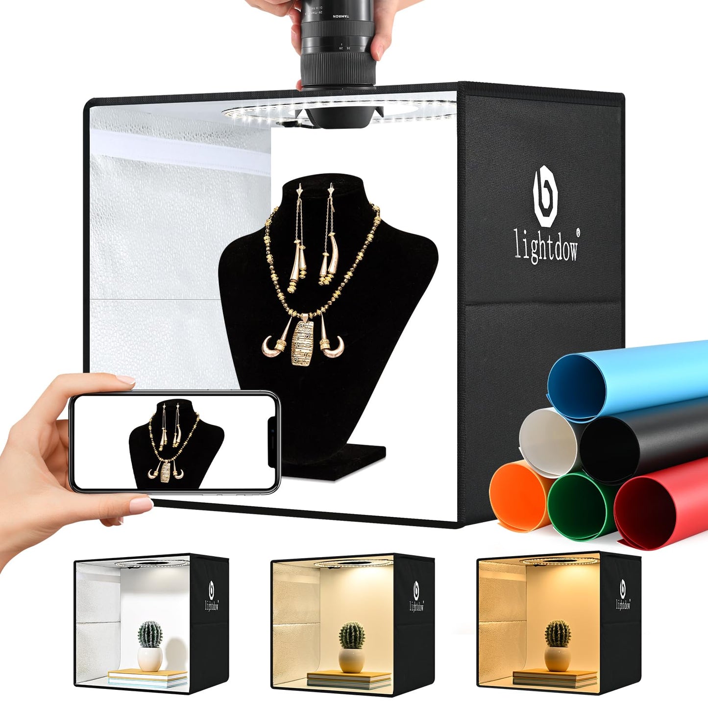Lightdow Photo Light Box Photography - 16"x16" Light Tent with 120 LEDs, 6 Color PVC Backdrops, Folding Light Box Portable Studio Box Jewelry Products Photo Box Versatile for Beginners/Professionals