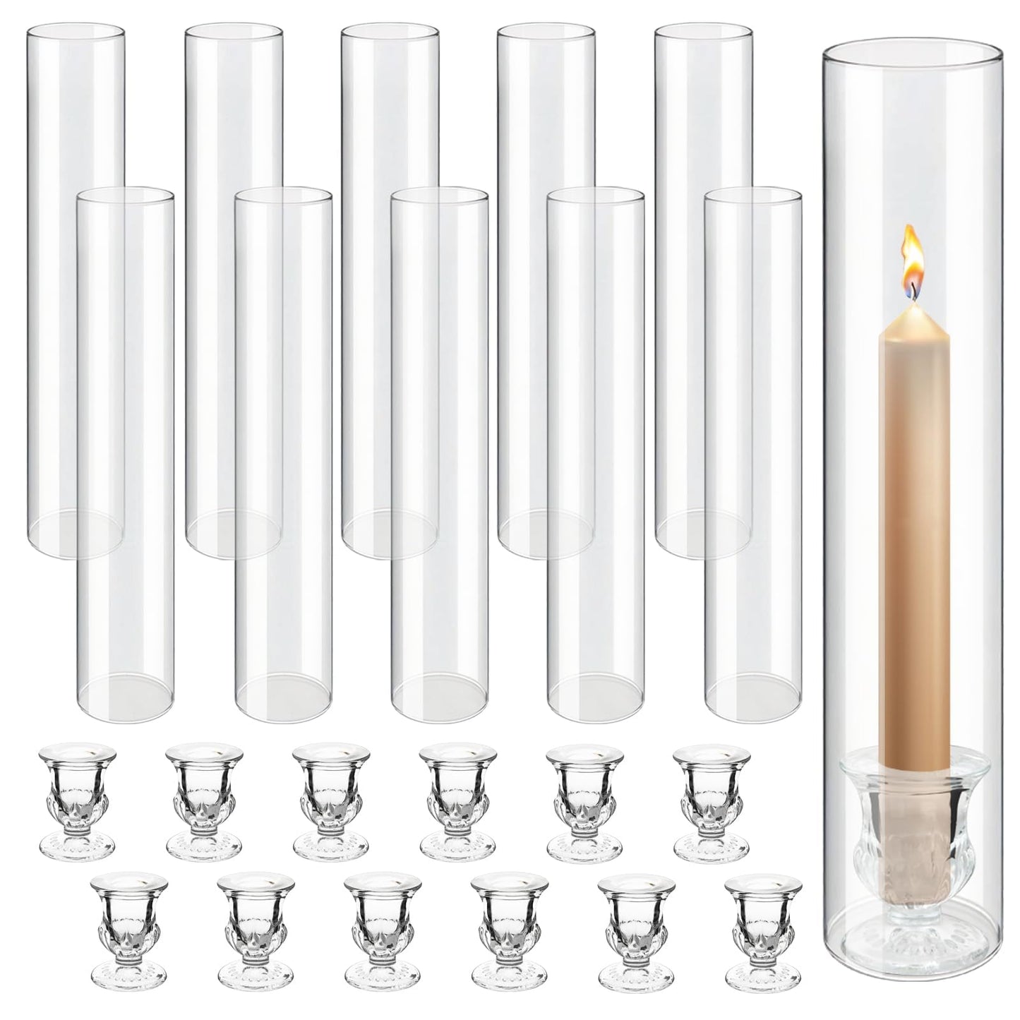 12 Sets Glass Hurricane Candle Holders - 12.6” Glass Candlestick Holders with Clear Tall Cylinder Candle Sleeves for Wedding, Christmas Table Decor (12)