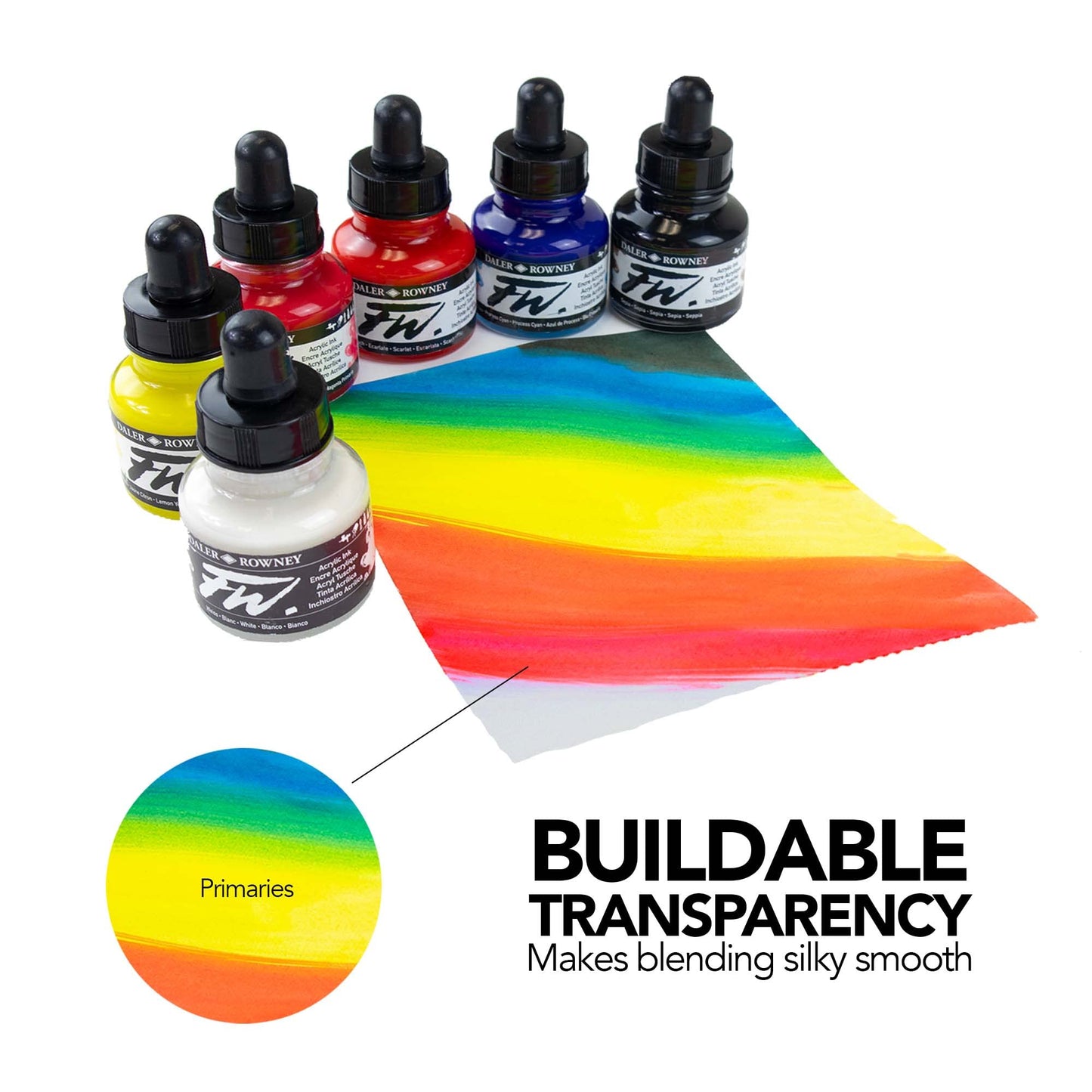 Daler-Rowney FW Acrylic Ink Bottle 6-Color Primary Set with Empty Marker - Acrylic Set of Drawing Inks for Artists and Students - Art Ink Calligraphy Set - Permanent Calligraphy Ink