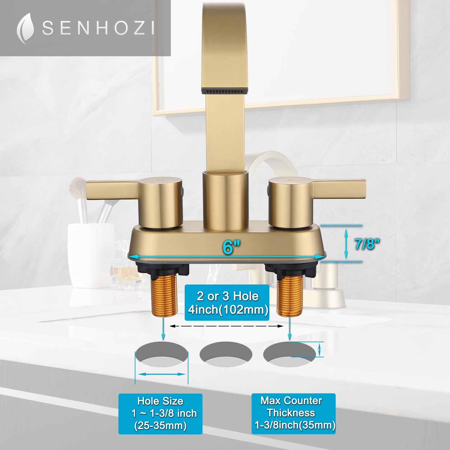 Senhozi Bathroom Sink Faucet 3 Hole Brushed Gold, 2 Handle 4 Inch Centerset Stainless Steel Bathroom Faucet with Pop up Drain and 2 Supply Lines, SE-0048-BG