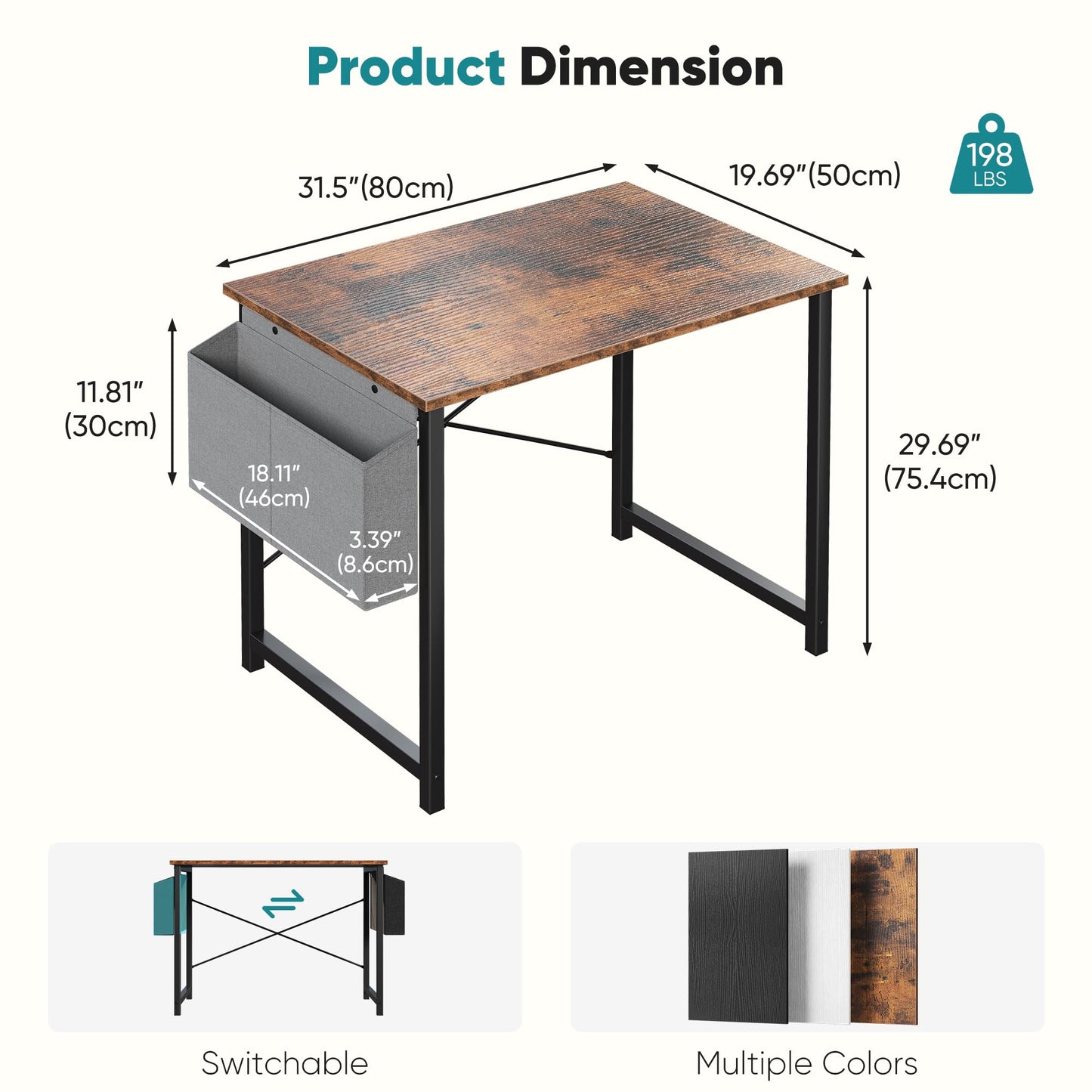 OLIXIS Computer Desk 31 Inch Home Office Desks for Small Spaces, Gaming Writing Study Work Table with Storage Bag for Bedroom, Rustic Brown Space Saving Compact