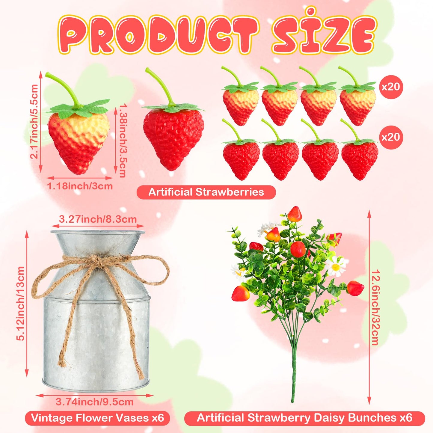 6 Sets Summer Strawberry Centerpieces for Tables Artificial Strawberry Daisy Plants with Vase and Fake Strawberries Berry Farmhouse Sweet Baby Shower Decor for Home Party Wedding Kitchen