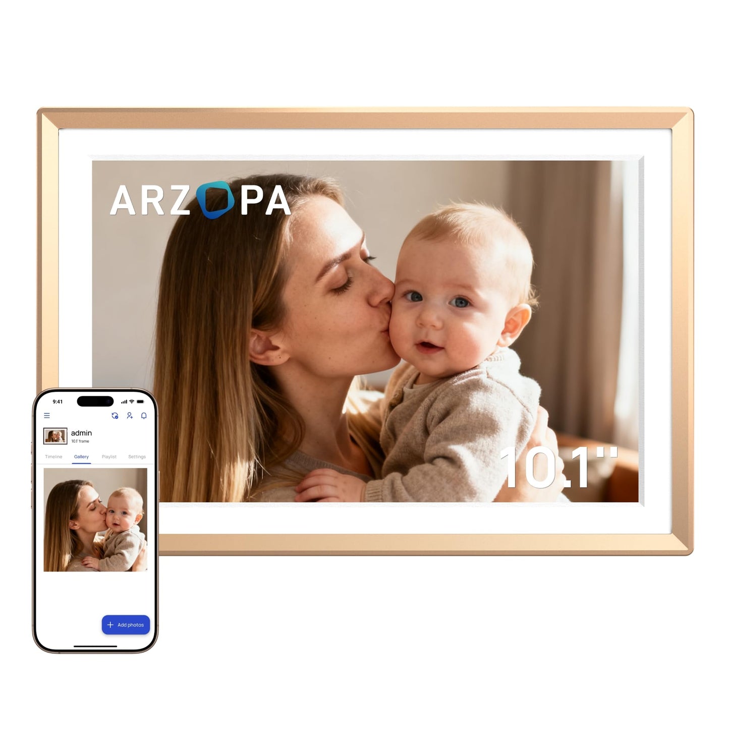 ARZOPA D10 Metal Digital Picture Frame 10.1" HD IPS Anti-Glare Touch Screen Load Photos & Videos Directly from Phone Ideal for Thoughtful Gifting Small and Exquisite - Champagne Gold