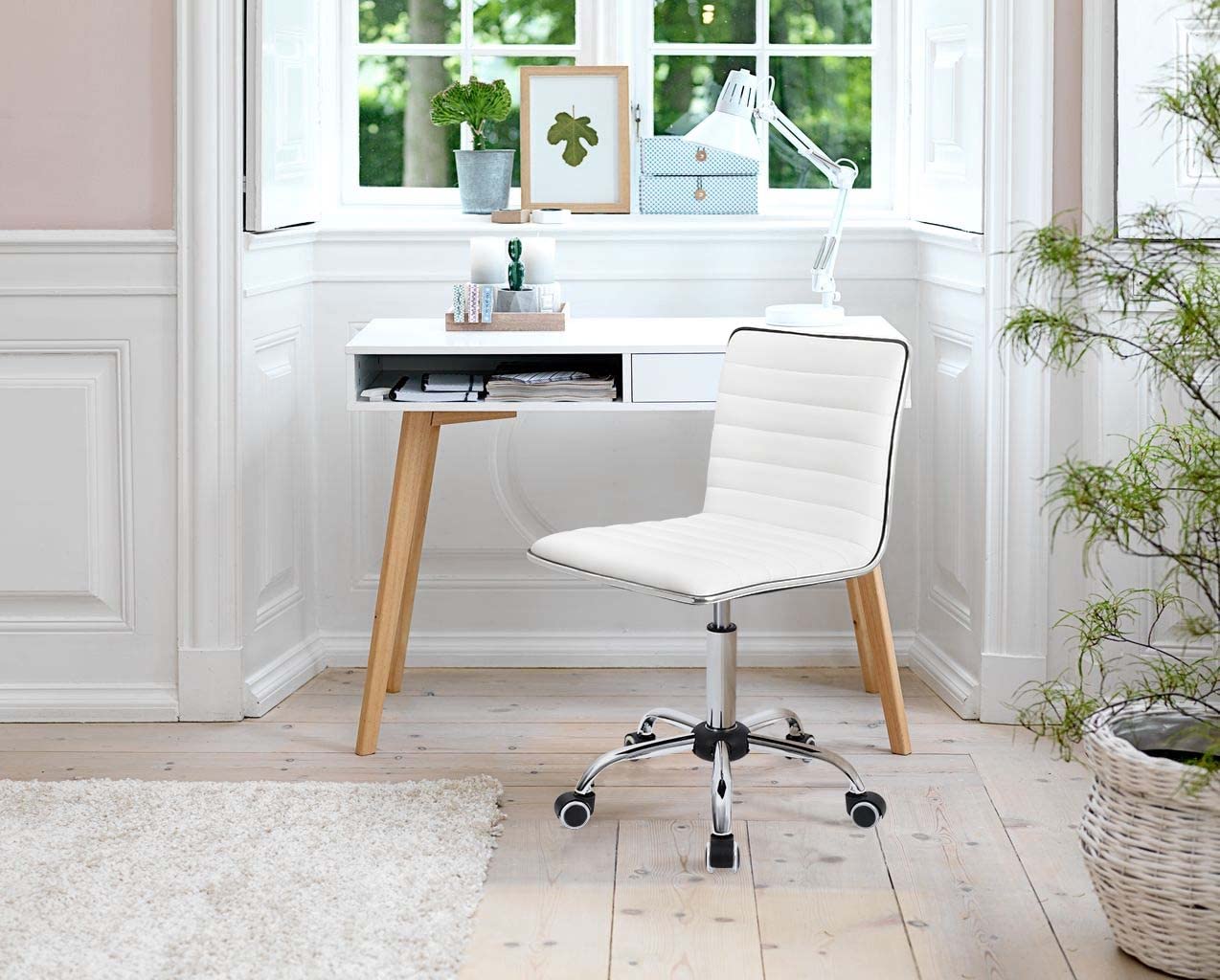 Furmax Vanity Office Desk Chair with Wheels, Armless Small Cute Leather Makeup Computer Task Chair Adjustable Height 360° Swivel (White)
