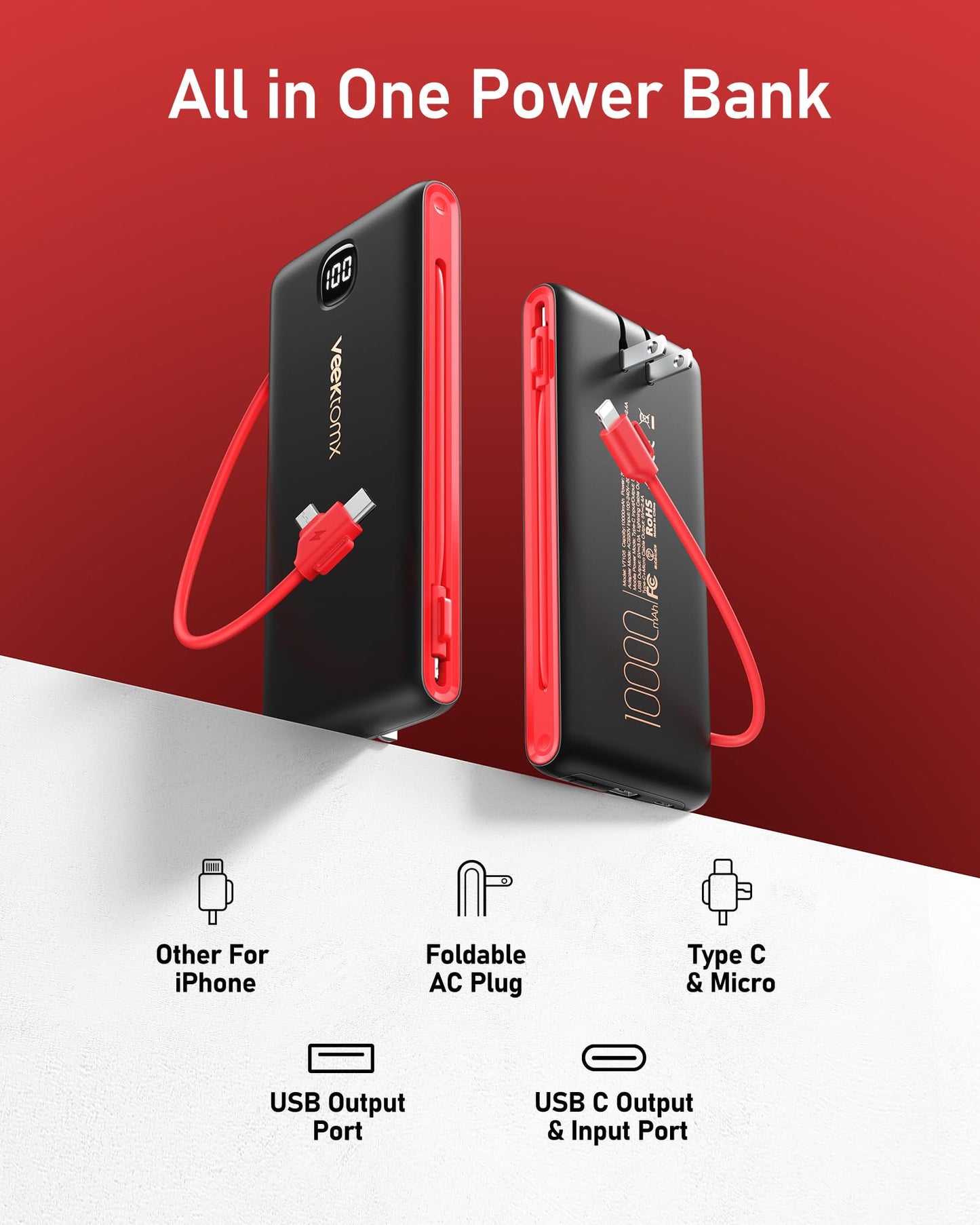 VEEKTOMX Portable Charger with Built in Cables 10000mAh, Power Bank for iPhone with AC Wall Plug, Fast Charging USB C Slim Battery Pack with LED Display Compatible with iPhone15/14/13, Samsung