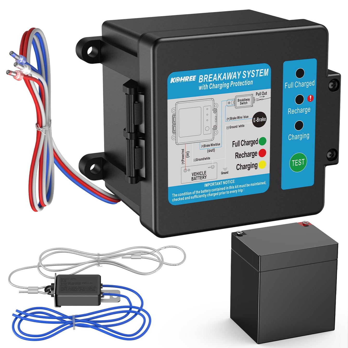 Kohree Trailer Brakes Breakaway Kit, Built-in 12V 5AH Lead-Acid Battery and Charger, Side Load Break-Away Controller System with Switch and LED Indicator, Universal for Trailer Caravan