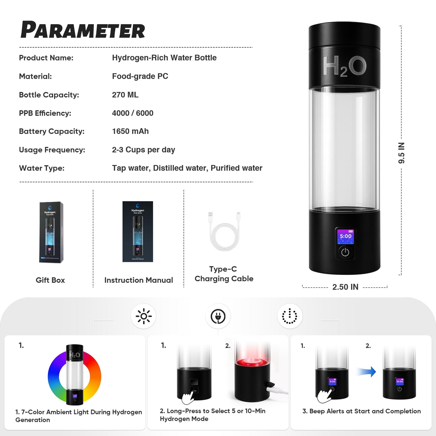 TzzToiT Hydrogen Water Bottle Generator - 6000PPB High Concentration, SPE PEM Tech, Portable 9Oz Hydrogen Water Ionizer, Rechargeable Rapid Hydrogen Boost, Travel Friendly with Bottle Adapter, Black