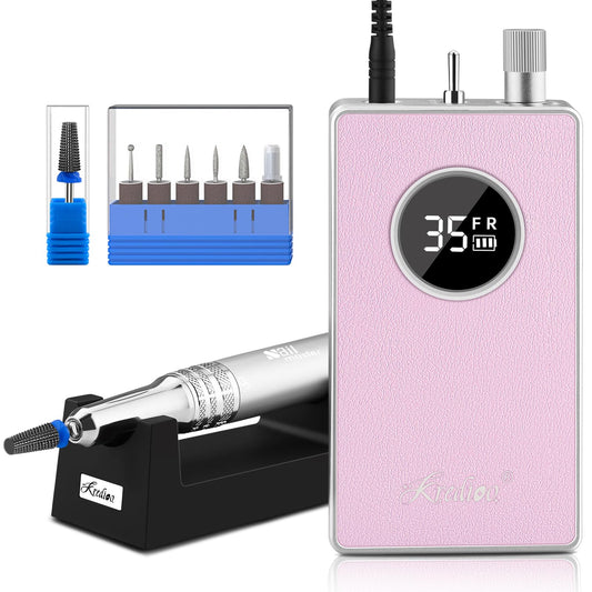 Kredioo Nail Drill Professional Super Quiet with Coreless Motor 35000RPM Electric File 6+1 Tungsten Bits Kit Portable Strong Drill para uñas Profesional Remove Acrylic Nails Dip Powder-Pink