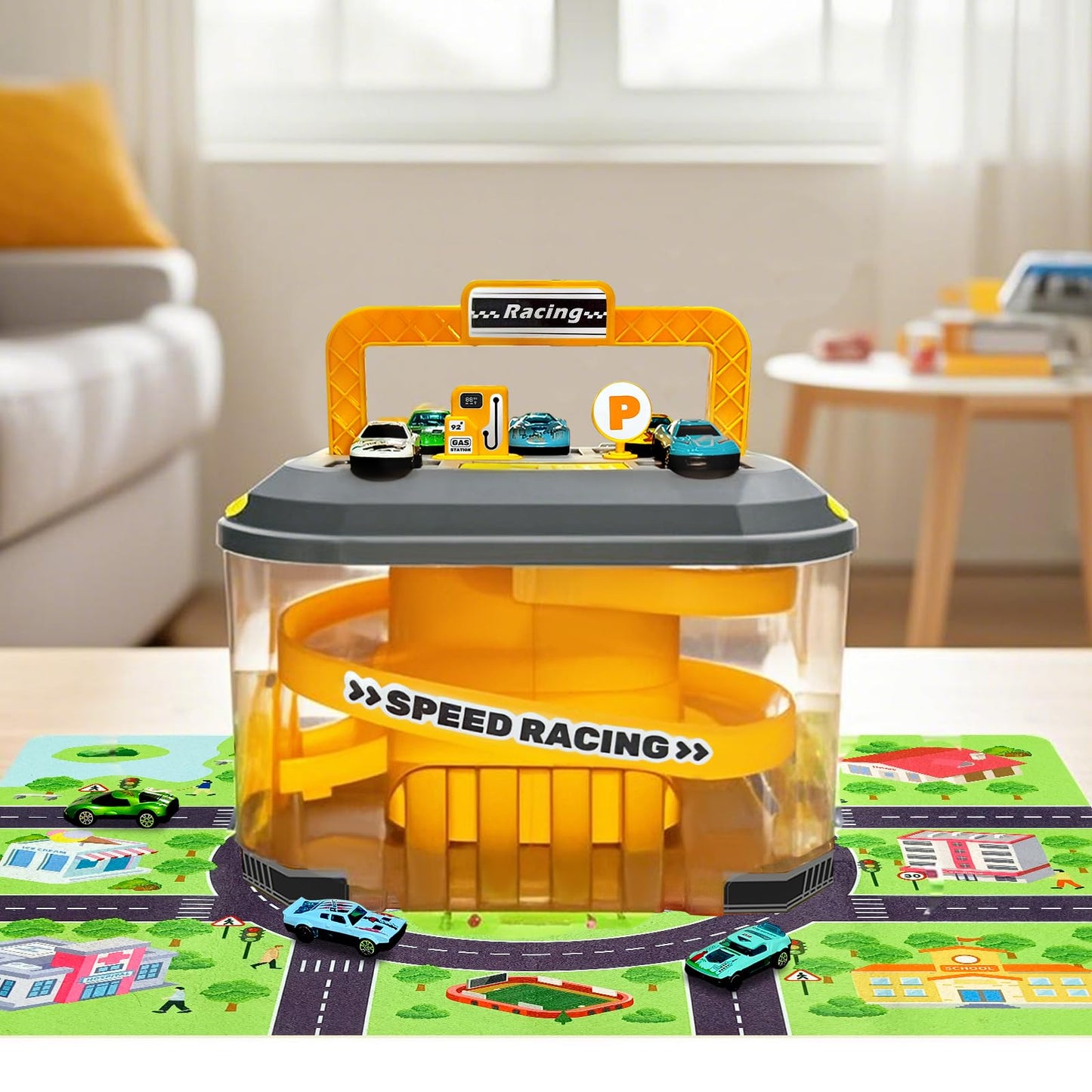 Toy Car Track Storage Playset - Toddler Toys for Ages 2-4, Toy Car Set with 12 Diecast Cars, PlayMat, Race Tracks, Car Ramp, Kids Birthyday Gift for 1 2 3 4 5 Year Old Boys