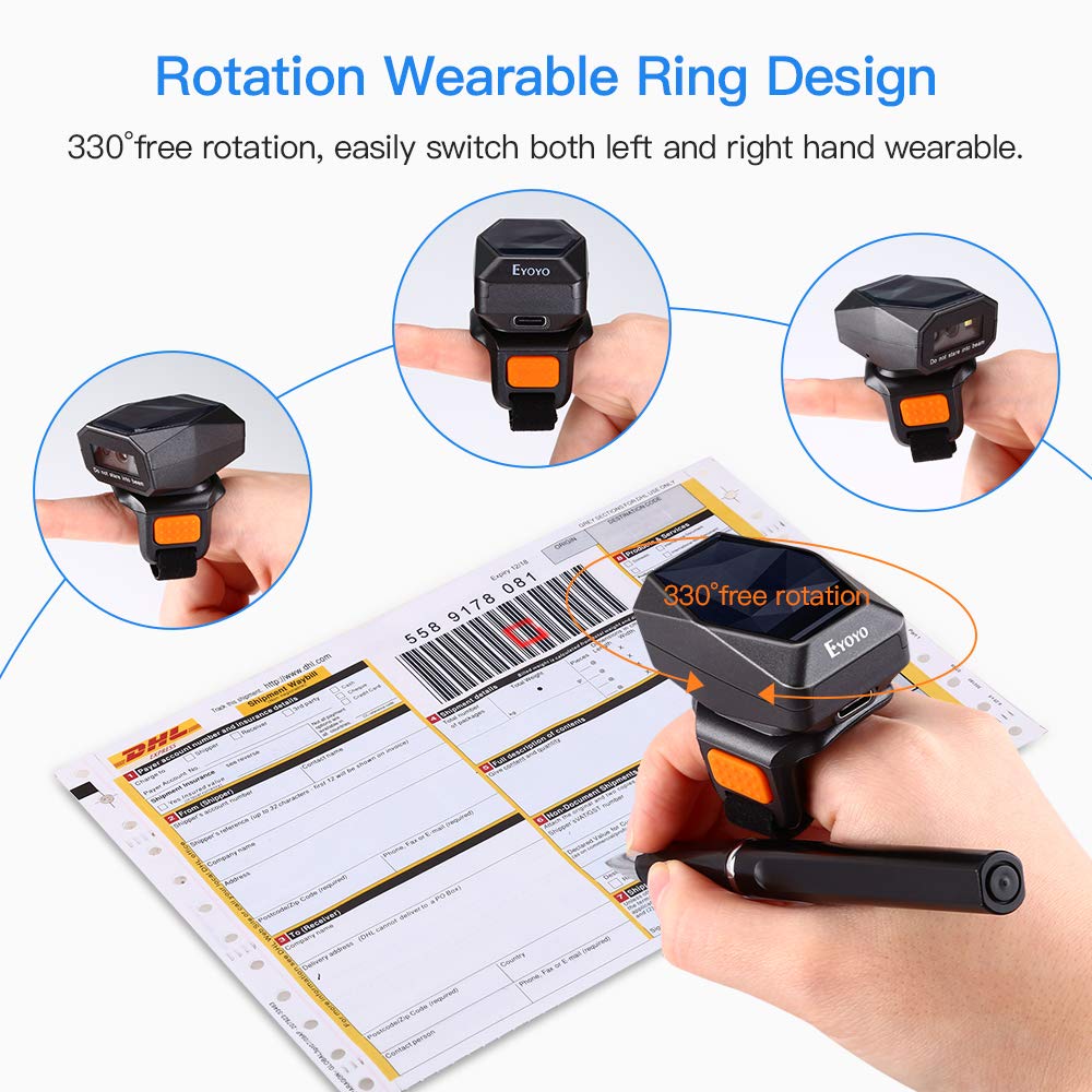 Eyoyo 2D Finger Ring Barcode Scanner, Mini Wearable 3-in-1 USB Wired & 2.4G Wireless & Bluetooth Scanner, Image 1D QR Bar Code Reader PDF417 Data Matrix Screen Scan Compatible with iPad, Phone, PC