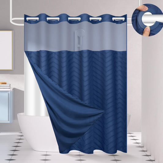 FADOTY No Hook Shower Curtain and Snap in Liner Set Navy Blue Tufted Chevron Striped Cloth Waterproof Washable Fabric Boho Bath Curtain with See Through Mesh Top Window for Bathroom Hotel 71" x 74"