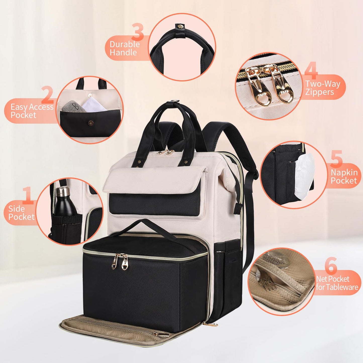BERTASCHE Lunch Backpack for Women, 15.6 Inch Laptop Backpack with Insulated Cooler Lunch box, Work Backpack for Teacher Nurse Travel College Picnic, Black-Beige