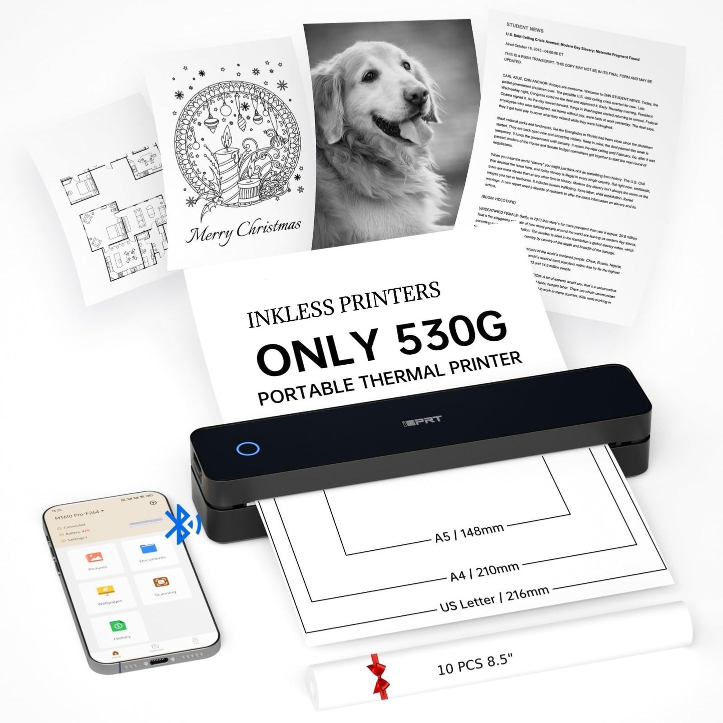 iDPRT Portable Printer Wireless for Travel, Inkless Bluetooth Thermal Printers for Home,Office,Vehicles,Supports 8.5" x 11" US Letter&A4 A5 Size,Compatible with Android and iOS Phones&PC