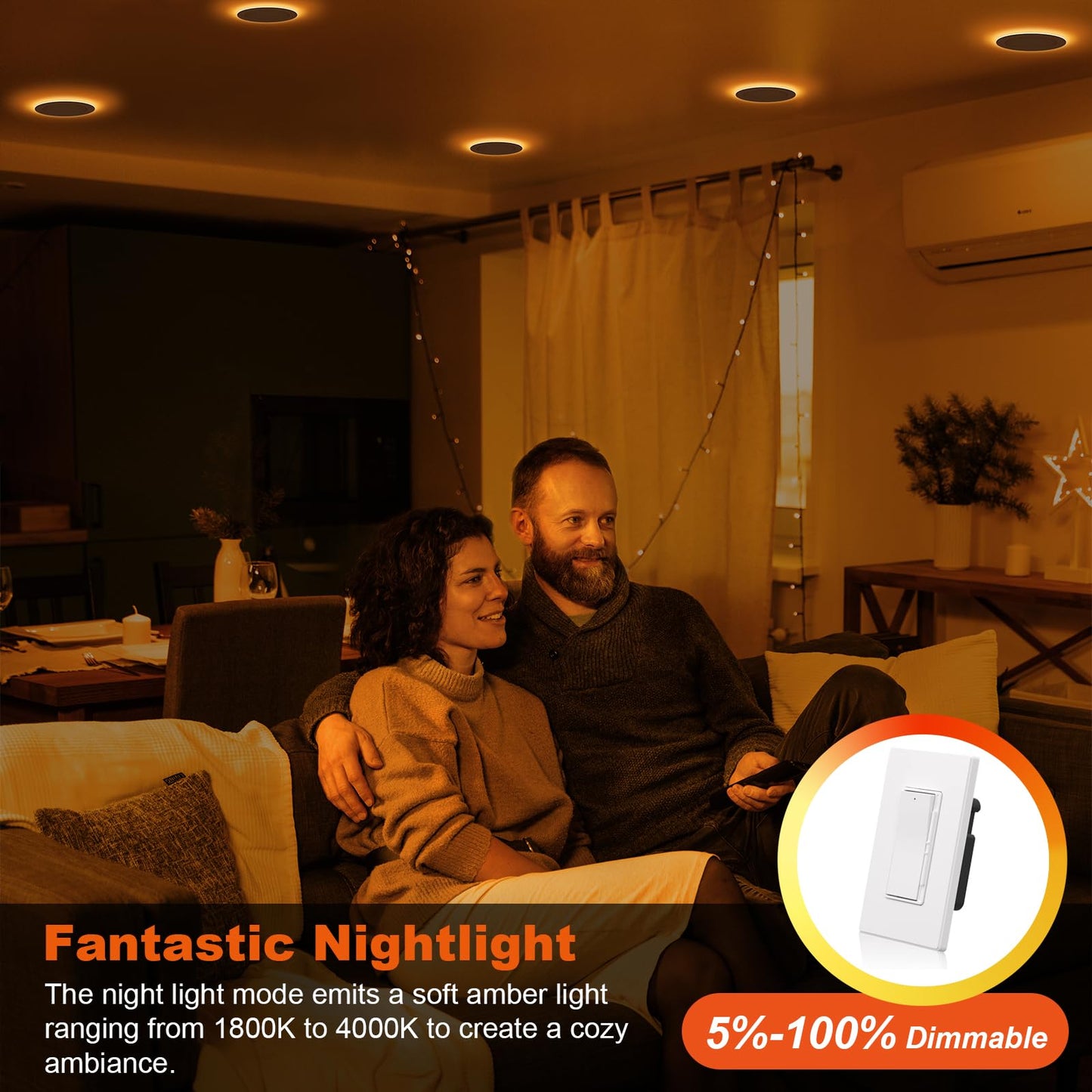 ZYC Recessed Lighting 6 Inch - 12W 1100LM LED Recessed Ceiling Light with Night Light,2700K/3000K/4000K/5000K/6000K Selectable Ultra-Thin Lighting,Dimmable Canless Wafer Downlight,Pack of 6（Gold）.