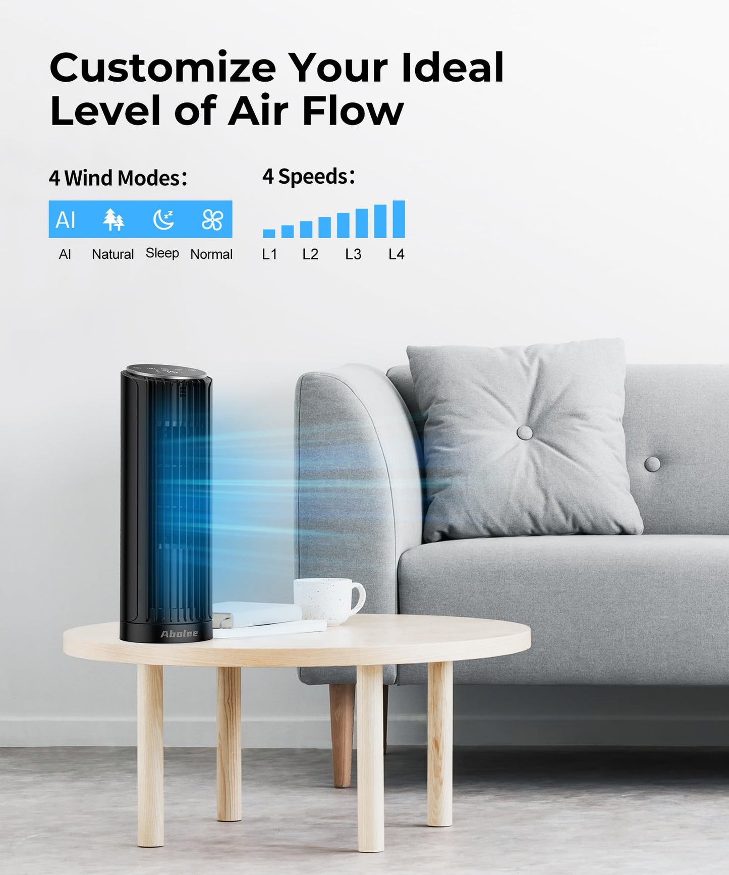 Abolee Tower Fan for Bedroom, 23ft/s Desk Fan with Remote, 70° Oscillating Desk Fan, 4 Speeds, 4 Modes,12Timer, 13'' Bladeless Portable Fan for Bedroom Office Home Black