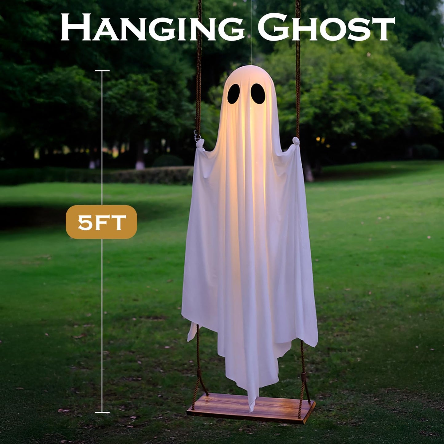 HKBAYI Halloween Decorations Outdoor - 5FT Large Hanging Ghost Swing with Remote Control String Lights & Upgraded Sheet, Scary Ghost Halloween Party Decor Outside for Tree Porch Yard Garden Lawn