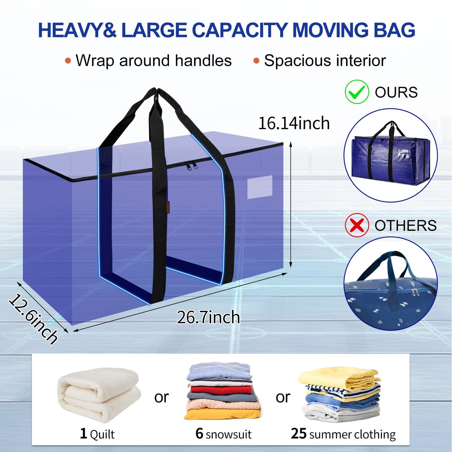 Cryster 10-Pack Blue Moving Bags with Strong Zippers,Heavy Duty Storage Totes With Comfortable Handles,Large Storage Totes for Student Supplies