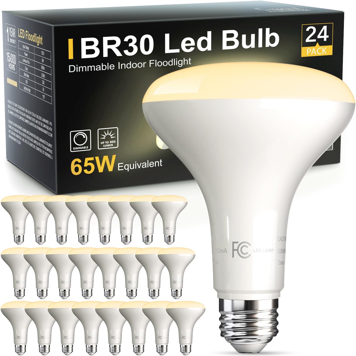 TJOY 24 Pack BR30 Led Bulb 65W Equivalent, Dimmable LED Flood Light Indoor, E26 Base, 2700K Soft White, 9W, 800 LM, Recessed Lighting Bulbs for Ceiling, Recessed Can, Living Room and Kitchen