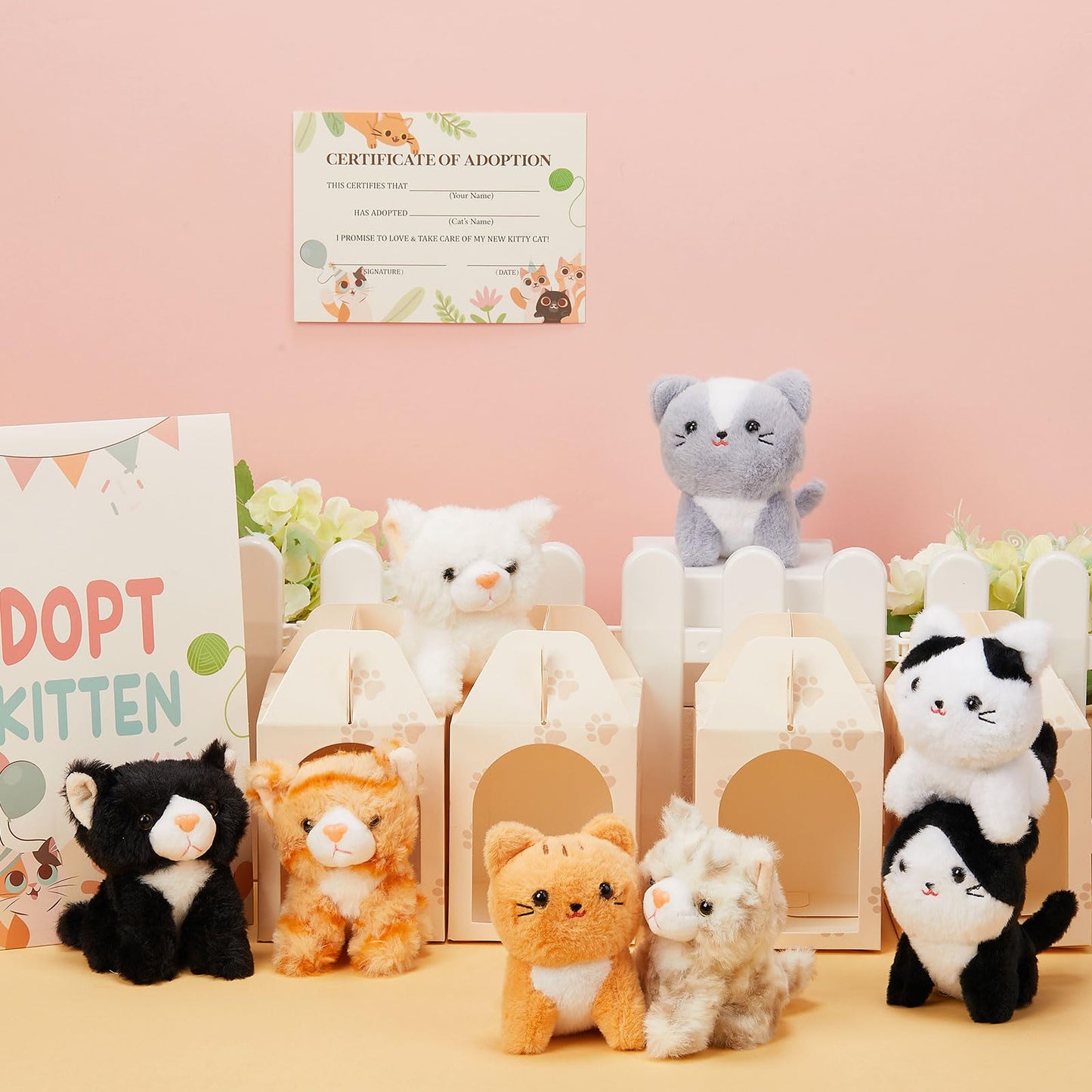 Skylety 24 Sets Pcs Adopt a Cat Favors Small Stuffed Plush Cats Bulk with Foldable Puppy Boxes Adoption Cards White Fences and Paper Sign for Adopt a Pet Theme Birthday Party Supplies Gifts