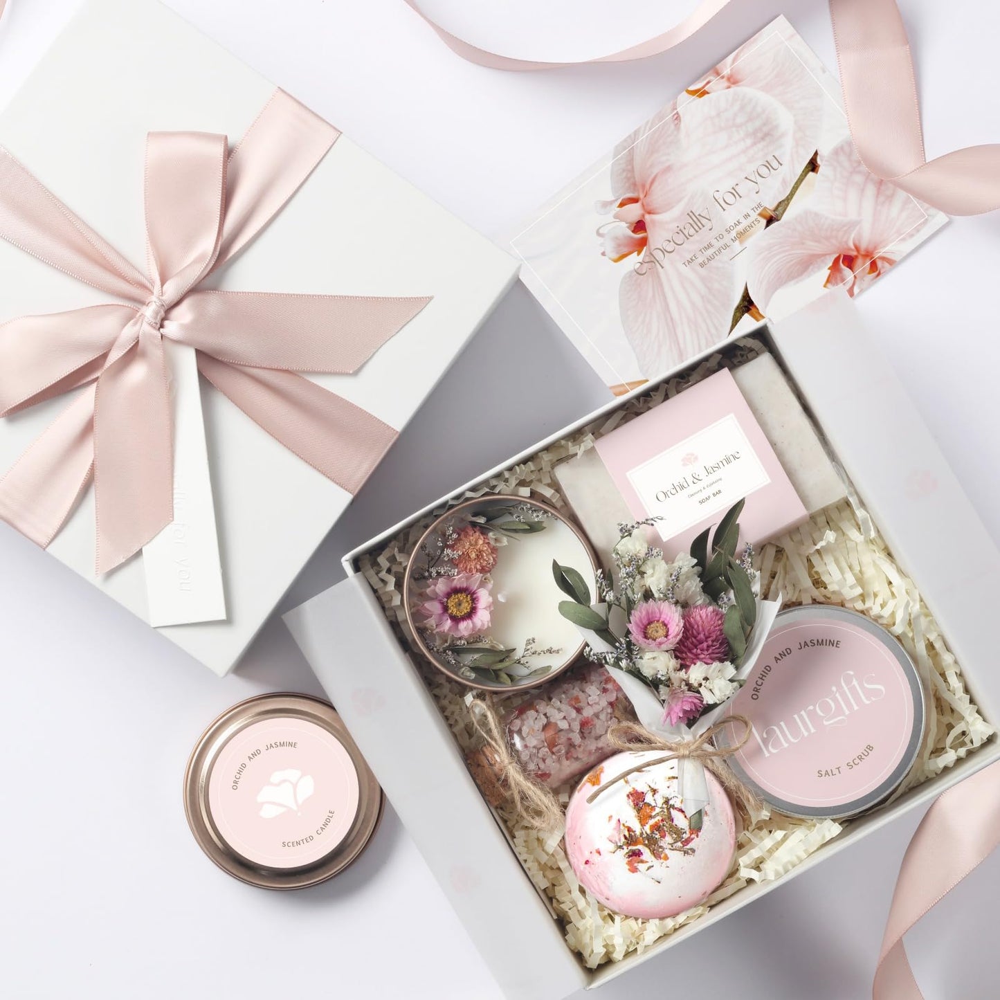 LaurGifts Orchid & Jasmine Spa Gift Set for Women – Luxurious Valentine's Day Spa Gift Baskets for Women – Perfect Birthday Gifts for Women, Gifts for Mom, Wife, Sister, Friend, Bath Gifts for Women