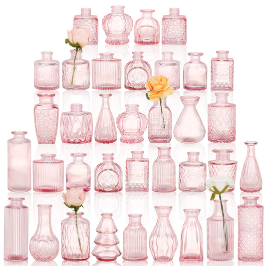 36pcs Pink Glass Bud Vase Set, Small Flower Vases for Centerpieces in Bulk, Mini Vintage Vase for Home, Wedding, Table Decor
