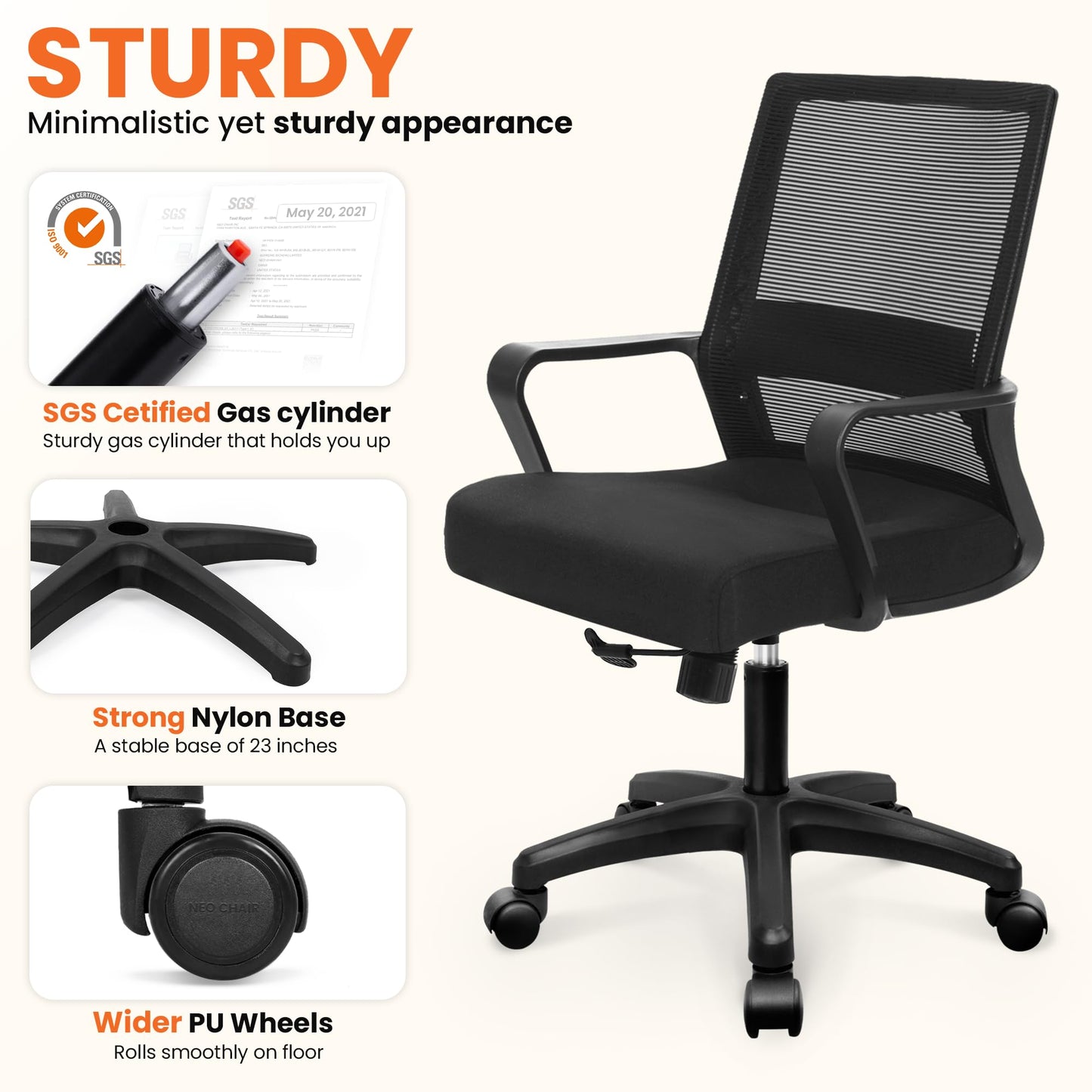 NEO CHAIR Office Desk Chair Gaming Computer Chair Ergonomic Mesh Mid Back with Rolling Wheels Lumbar Support Comfy Swivel Adjustable for Home (Black)