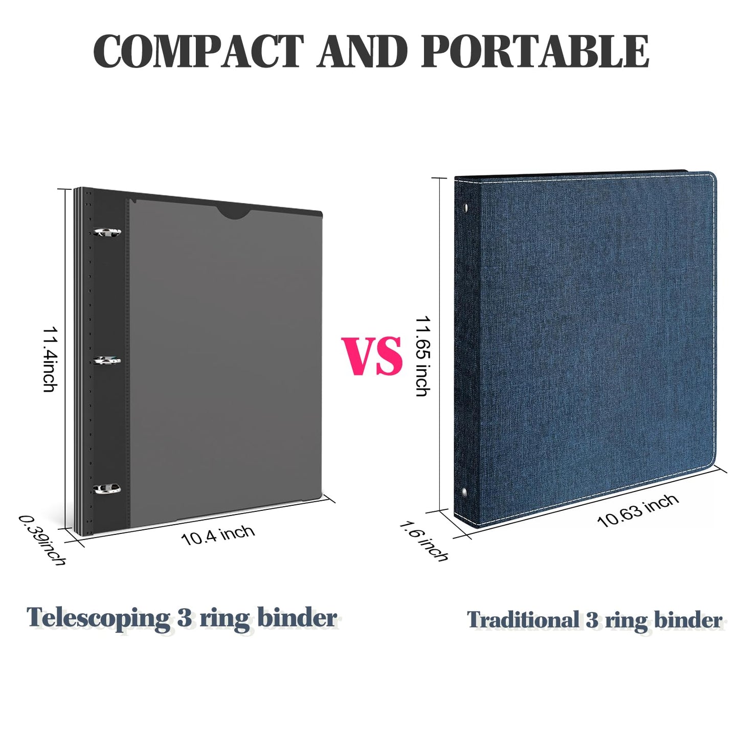 INFUN 1 Inch Telescoping 3 Ring Binder - 12 PCS-Black, Flexible Binders with Customizable Front Cover and Clear Catalog Pocket,1 inch Binders 3 Ring, 225 Sheet Capacity