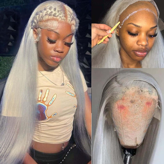 22 Inch Grey 13x4 Lace Front Wig Human Hair HD Transparent Silver Lace Front Human Hair Wigs for Black Women 180% Density Thick Silver Grey Wig Human Hair Free Part Glueless Frontal Wigs Pre Plucked