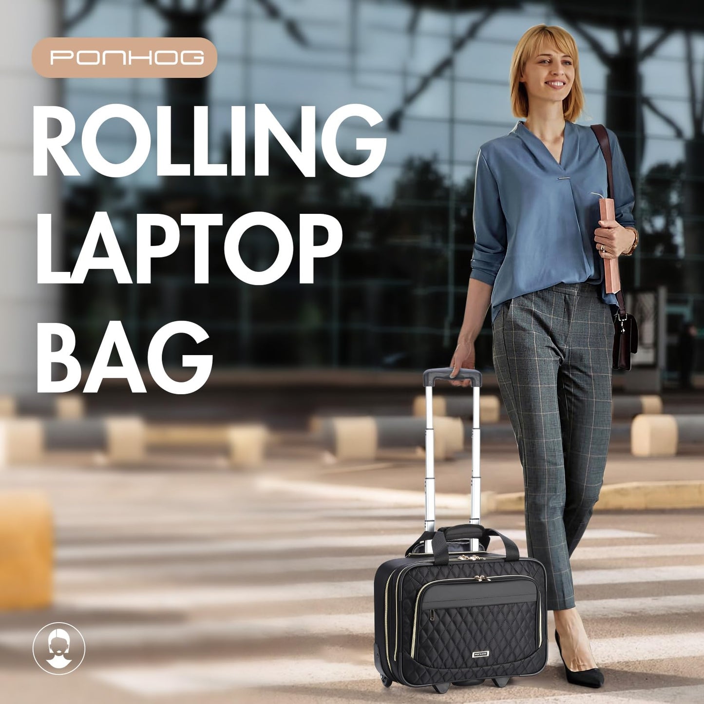 Ponhog Rolling Laptop Bag, 15.6 Inch Rolling Briefcase for Women with Wheels, Carry On Flight Approved Roller Computer Case for Travel Work College Business Wife Mom Teacher, Black