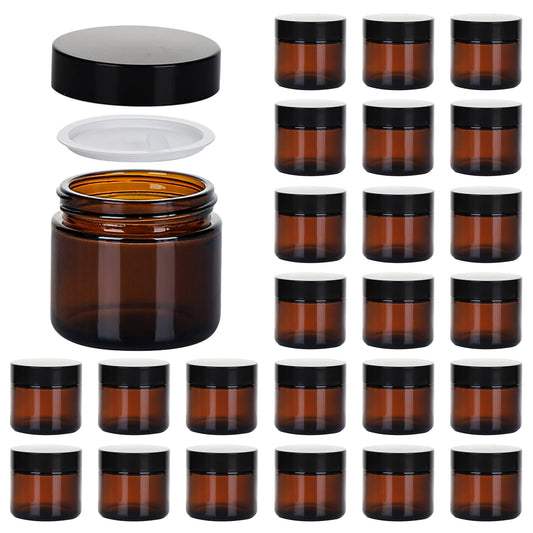 2oz Jars with Lids, Hoa Kinh 24 Pack Amber Glass Jars with Lids Empty Cosmetic Containers Round Airtight Glass Jar with Inner Liners and black Lids for Storing Lotions, Powders, and Ointments