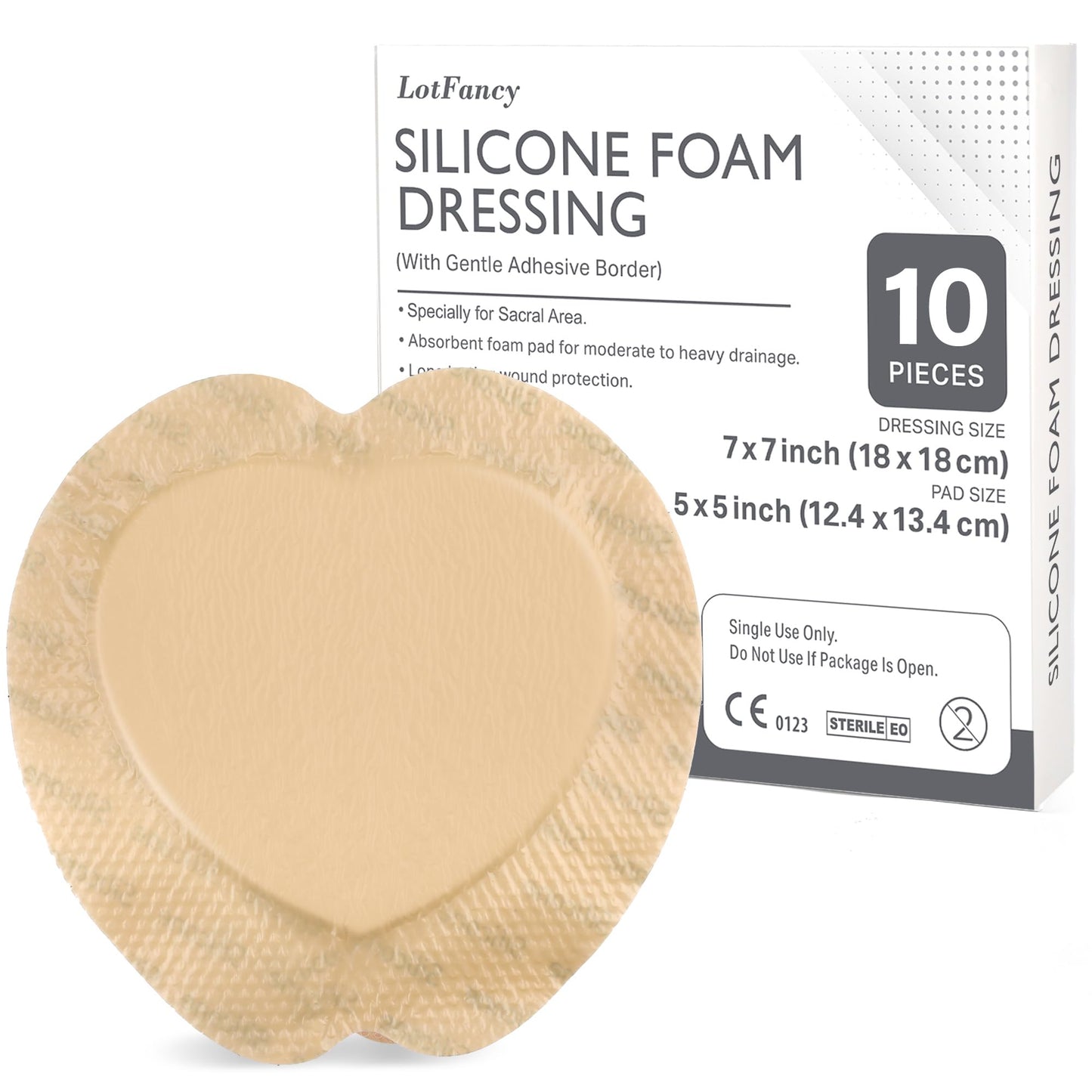 LotFancy Sacral Foam Dressing, 10 Count, 7"x 7", Silicone Foam Dressing, Wound Dressing with Border, Sacrum, Bed Sores, Pressure Ulcers Adhesive Bandage Pad, Highly Absorbent, FSA HSA Eligible