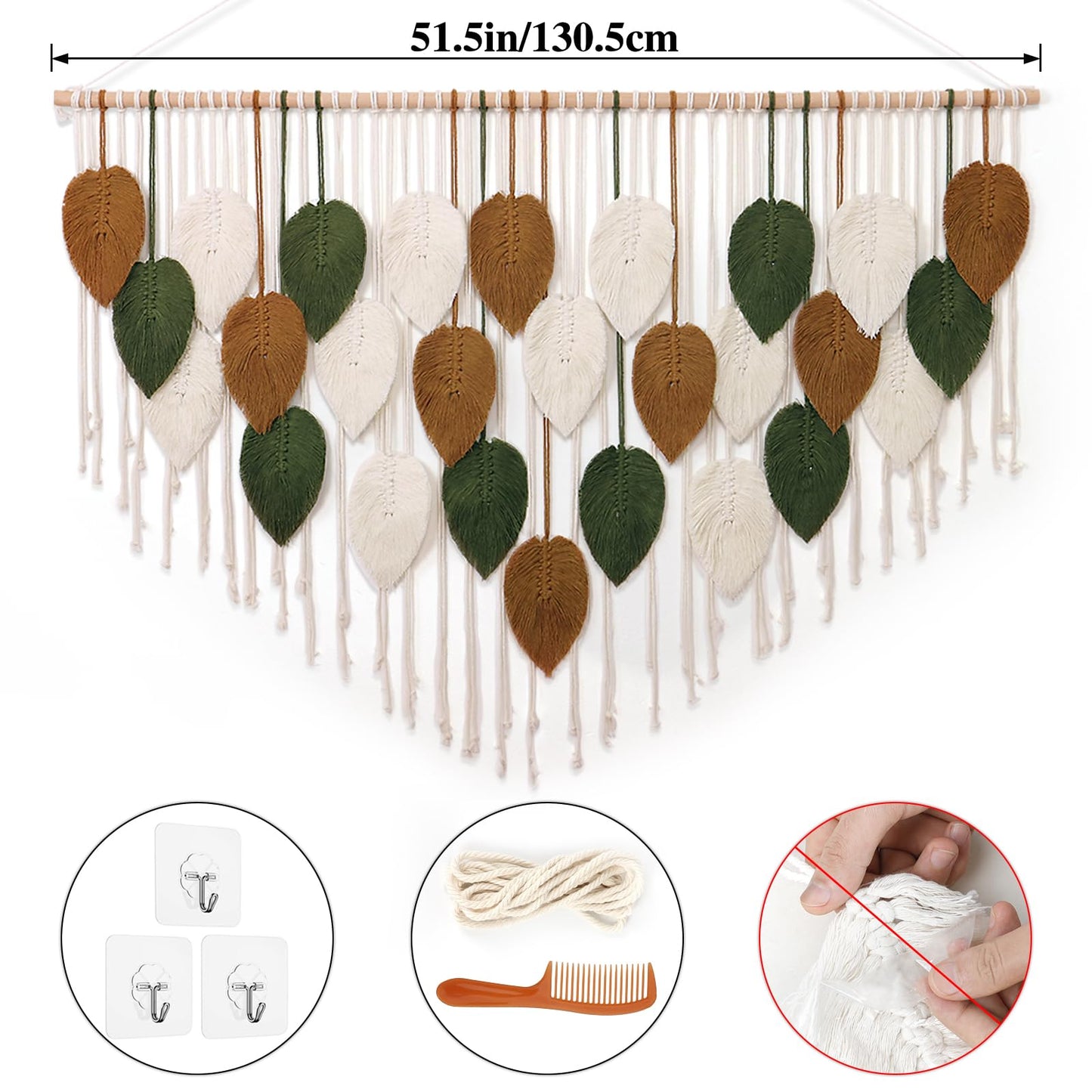 KHOYIME Large Macrame Wall Hanging Boho Woven Tapestry, Chic Home Decor Modern Bohemian Handmade Leaf Feather Wall Art Decorations for Apartment Living Room Bedroom Nursery Backdrop 51.5" W X 33.5" L