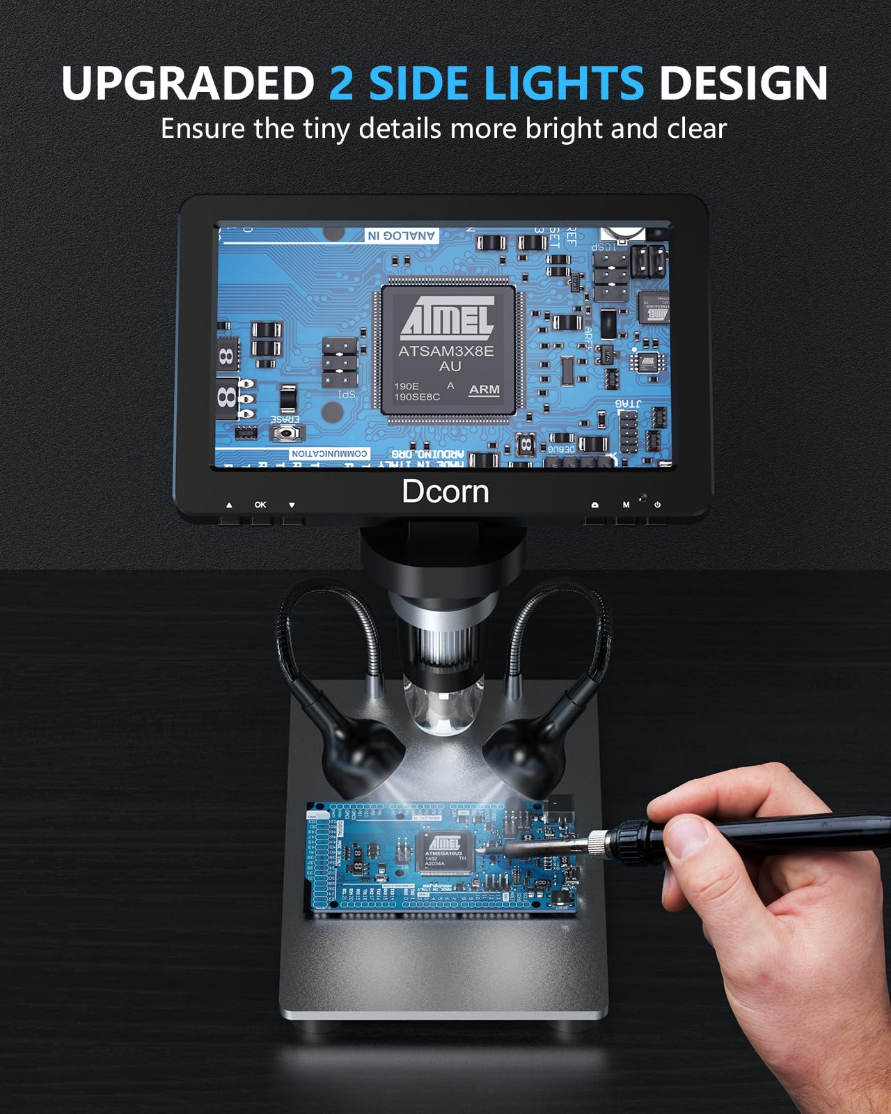 7'' Digital Microscope 1200X,Dcorn 12MP 1080P Photo/Video Microscope for Adults Soldering Coins,Metal Stand,Wired Remote,10 LED Fill Lights,PC View,Windows/Mac Compatible