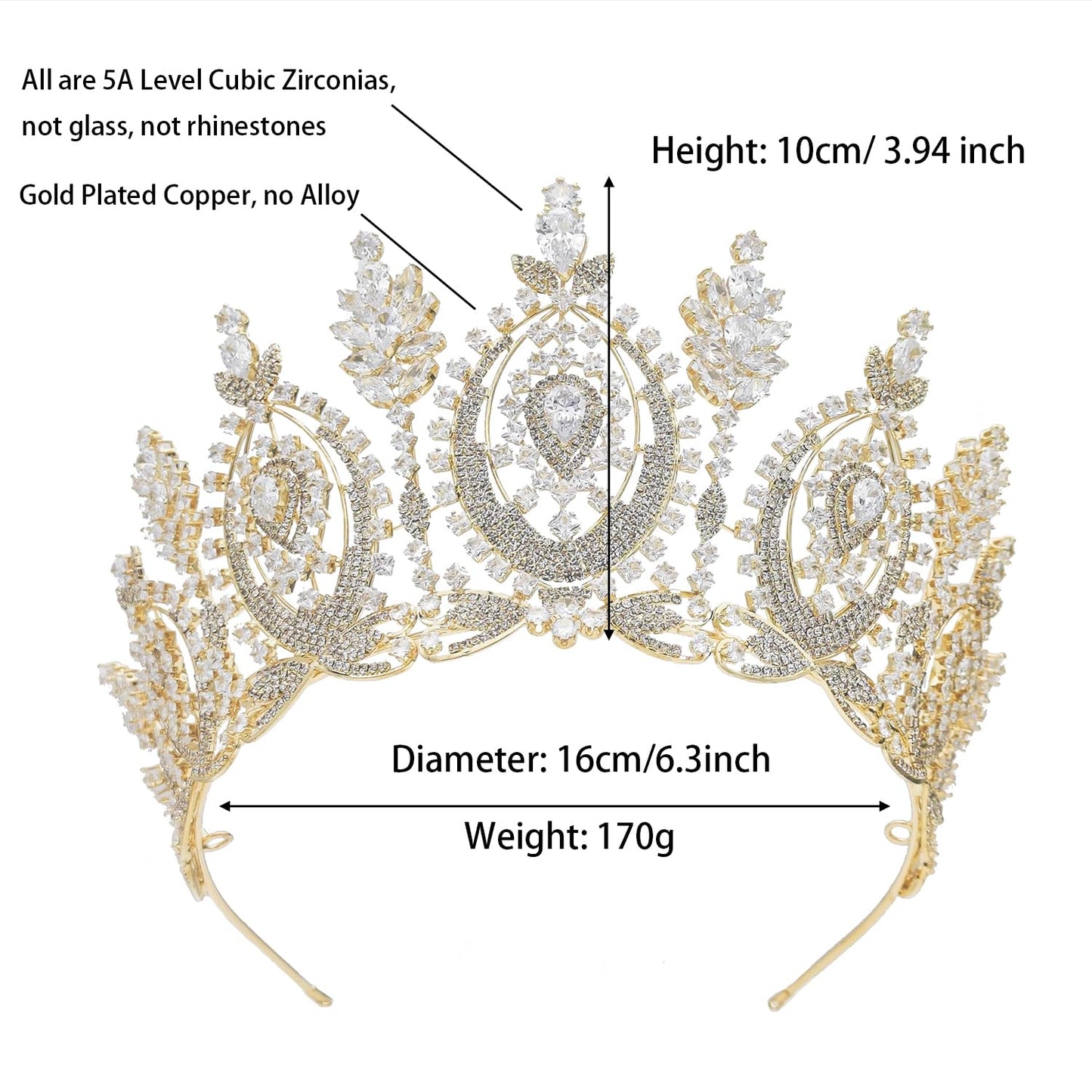 Big Crown for Women Cubic Zirconia Gold Bride Tiara for Wedding Prom Quince Pageant Sweet 16 Birthday Tiaras Tall Crystal Headband