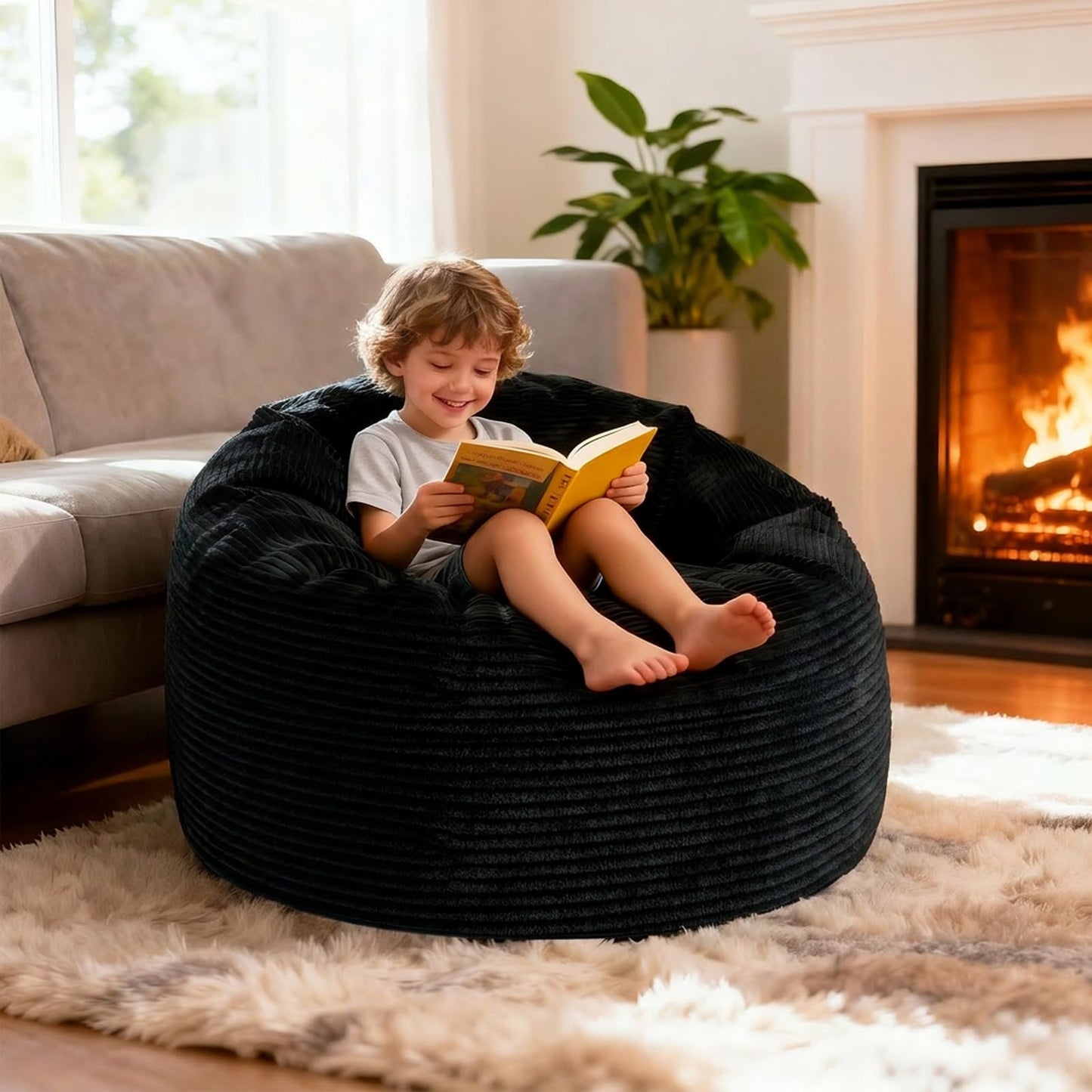 Yagamo Medium Bean Bag Chairs, 3FT Bean Bag with Memory Foam Filling, Bean Bag Chairs with Removable Striped Plush Cover, Cozy Beanbags for Living Room Bedroom Dorm Office - Black