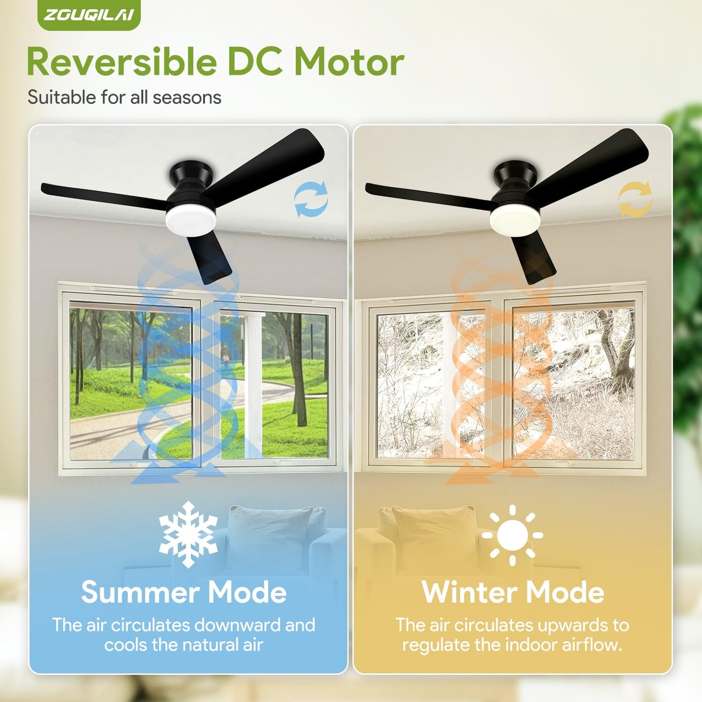 ZOUQILAI Ceiling Fans with Lights - 42 Inch Low Profile Ceiling Fan with Light and Remote, Reversible DC Motors, 3CCT Dimmable Timer Noiseless, Black Flush Mount Ceiling Fan for Bedroom/Living Room