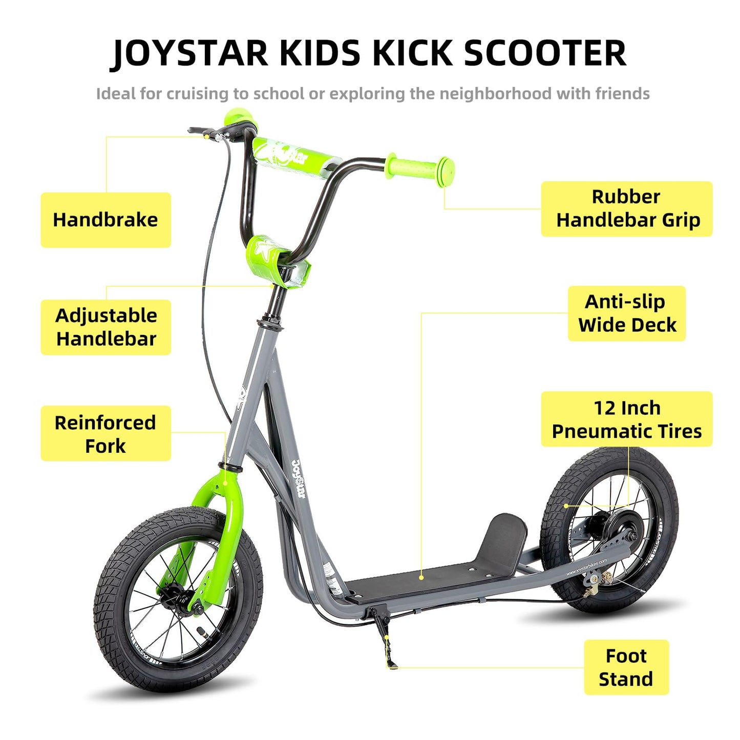 JOYSTAR Kick Scooter for Ages 5-9 Years Old Boys Girls, 12 Inch Big Wheels Scooters for Kids, Teens and Adults, Adjustable Handlebar, Kids Scooter, Gray