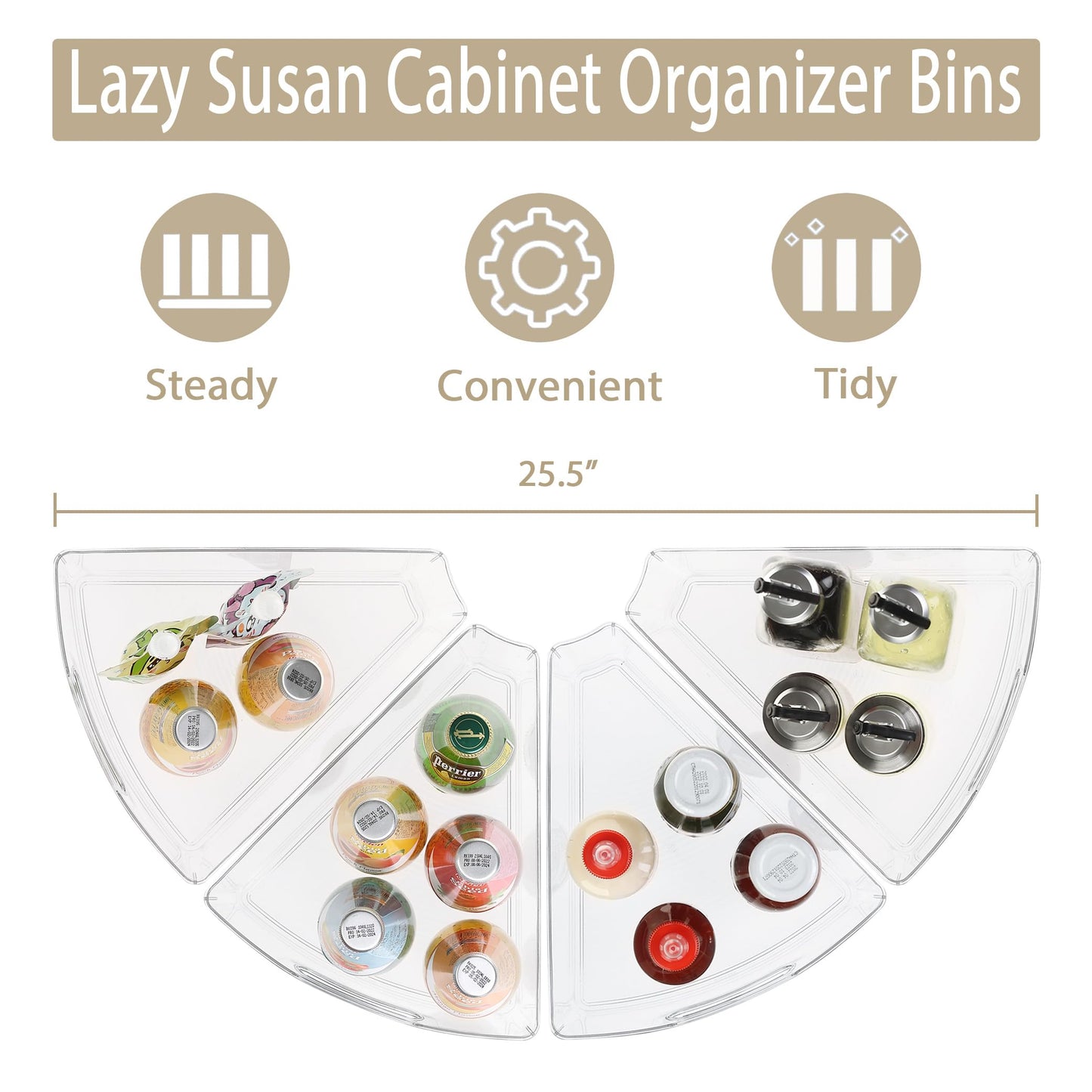 URALFA Lazy Susan Organizer Bins - Clear Turntable Organizer, Plastic Kitchen Storage Bins for 26"-28" Diameter Corner Cabinet, 1/8 Wedge-BPA Free, 8 Pack