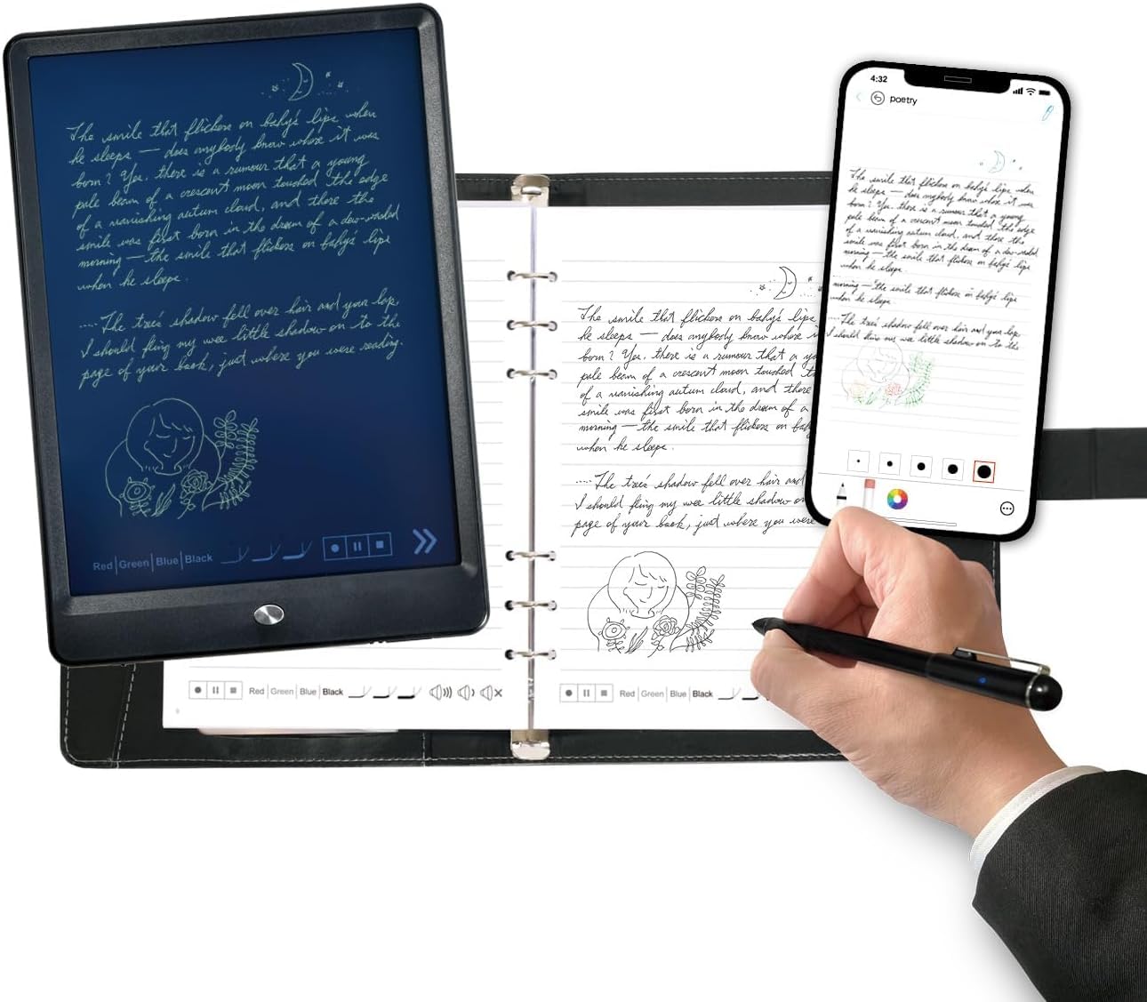 Ophayapen Smart Pen+Notebook+Writing Board, SmartPen Real-time Sync for Digitizing, Storing, and Sharing Paper Notes, Use with Ophaya Pro+ App，Compatible with Smartphone (Android and iOS)-Updated APP