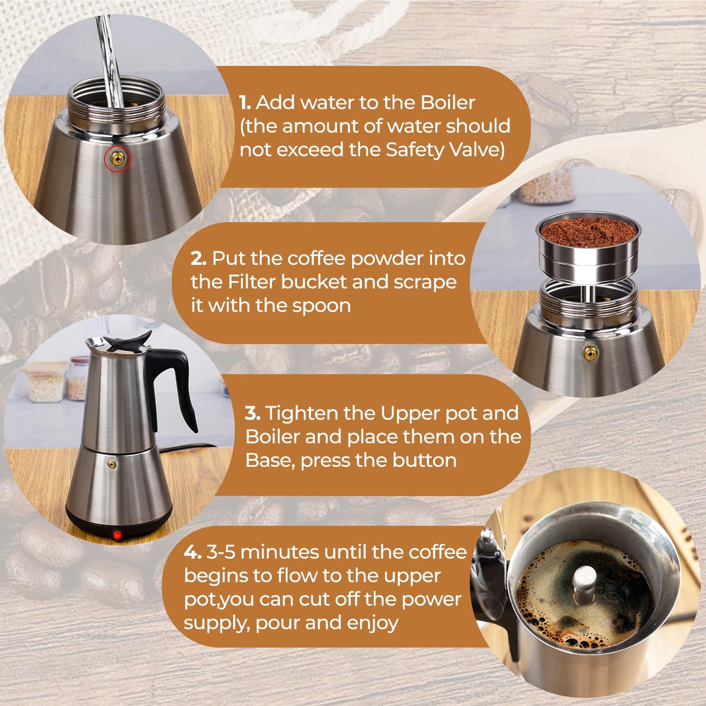 Vaolvpant Electric Stainless Steel Moka Pot 6 Cup 300ml Mocha Pot Espresso Maker with Detachable Base Ideal Coffee Maker for Home Italian and Cuban Café Coffeemaker Espressomaker Coffee Pot