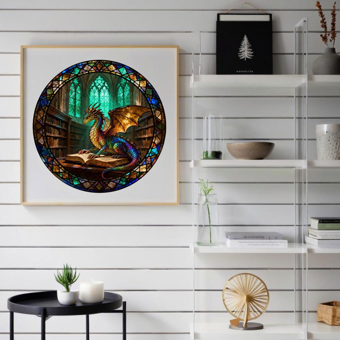 Gothic Revival Library Dragon Wooden Jigsaw Puzzle for Adults - 300 Pieces, 13.4" x 13.4" - Unique Dragon & Book Art, Creative Gift & Fun Family Game